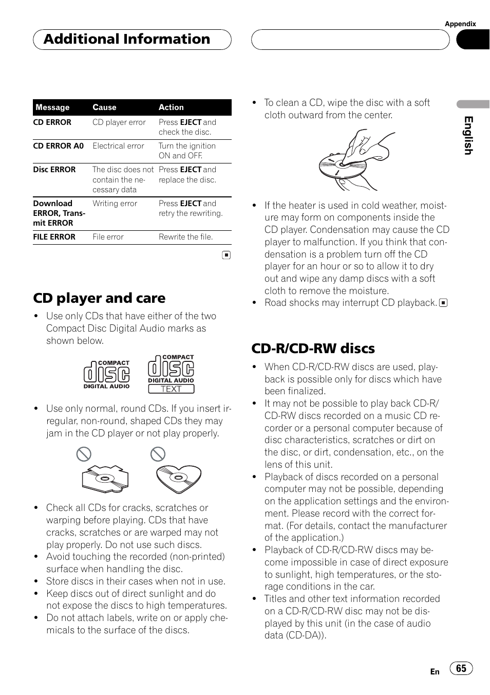 Cd player and care 65 cd-r/cd-rw discs 65, Cd player and care, Cd-r/cd-rw discs | Additional information | Pioneer SUPER TUNERIII DEH-P8650MP User Manual | Page 65 / 154