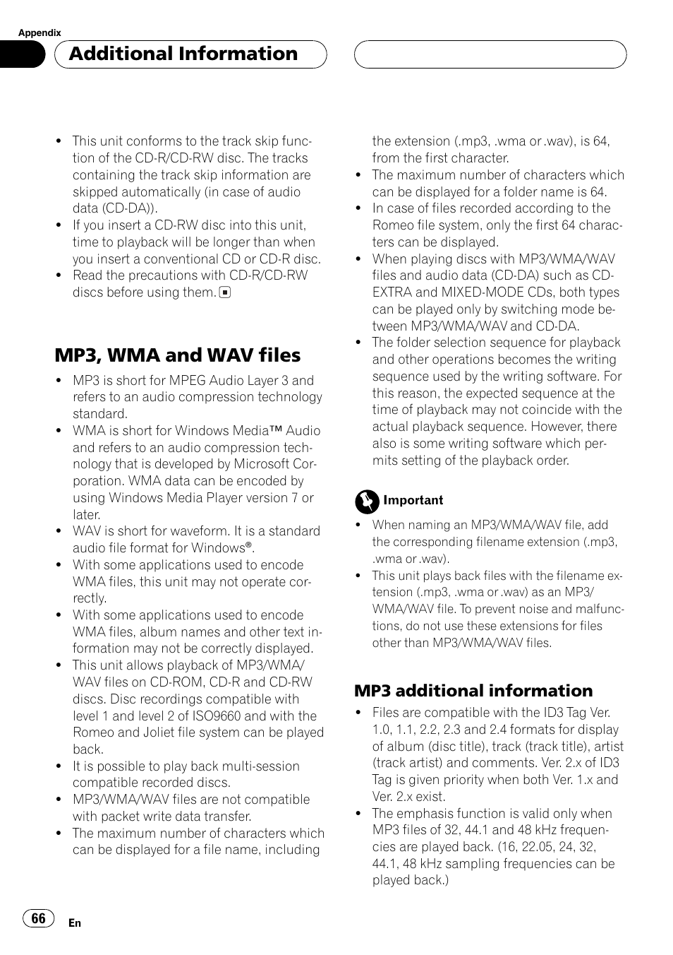 Mp3, wma and wav files 66, Mp3 additional information 66, Mp3, wma and wav files | Additional information, Mp3 additional information | Pioneer SUPER TUNERIII DEH-P8650MP User Manual | Page 66 / 154