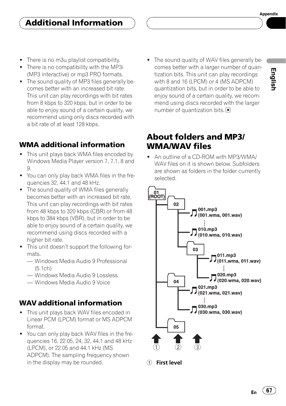 Wma additional information 67, Wav additional information 67, About folders and mp3/wma/wav files 67 | About folders and mp3/ wma/wav files, Additional information, Wma additional information, Wav additional information | Pioneer SUPER TUNERIII DEH-P8650MP User Manual | Page 67 / 154