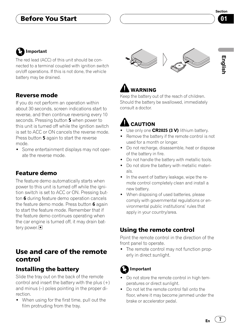 Reverse mode 7, Feature demo 7, Use and care ofthe remote control 7 | Installing the battery 7, Using the remote control 7, Use and care of the remote control, Before you start, Reverse mode, Feature demo, Installingthe battery | Pioneer SUPER TUNERIII DEH-P8650MP User Manual | Page 7 / 154