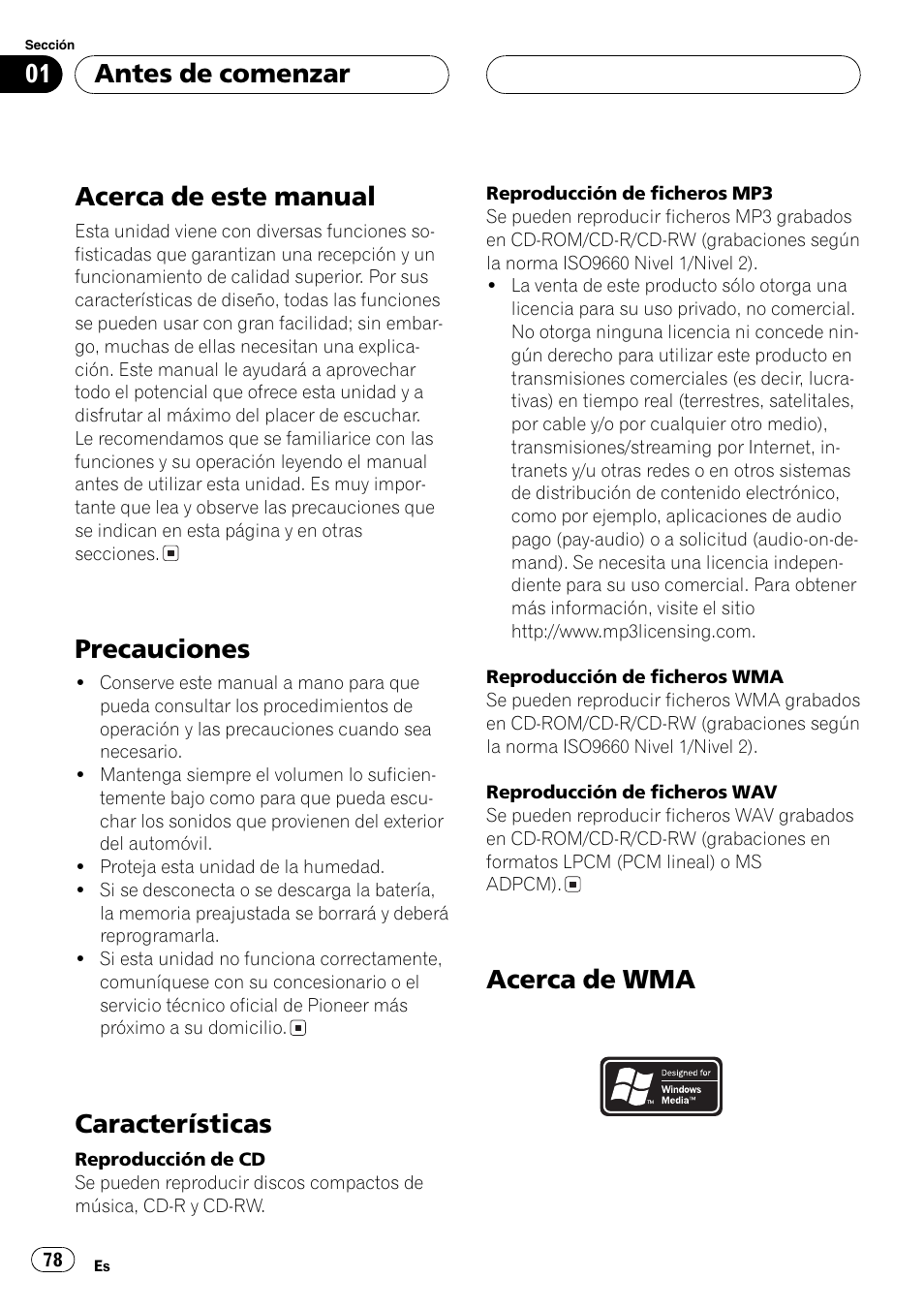 Antes de comenzar acerca de este manual 78, Precauciones 78, Características 78 | Acerca de wma 78, Acerca de este manual, Precauciones, Características, Acerca de wma antes de comenzar | Pioneer SUPER TUNERIII DEH-P8650MP User Manual | Page 78 / 154