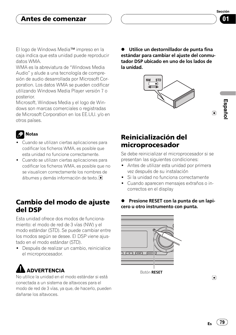 Cambio del modo de ajuste del dsp 79, Reinicialización del microprocesador 79, Cambio del modo de ajuste del dsp | Reinicialización del microprocesador, Antes de comenzar | Pioneer SUPER TUNERIII DEH-P8650MP User Manual | Page 79 / 154