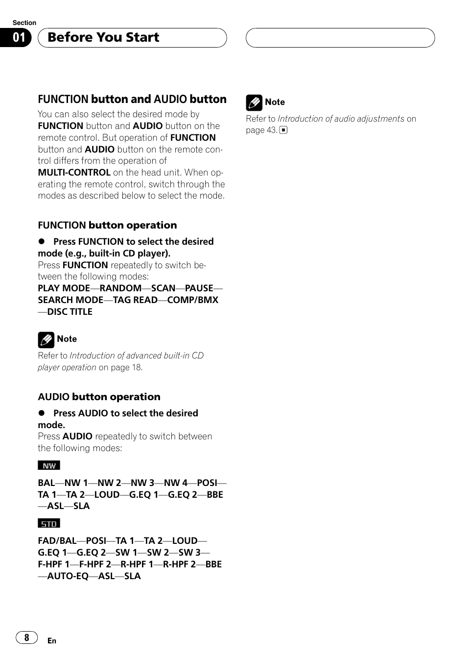 Function button and audio, Button 8, Before you start | Function button and audio button | Pioneer SUPER TUNERIII DEH-P8650MP User Manual | Page 8 / 154