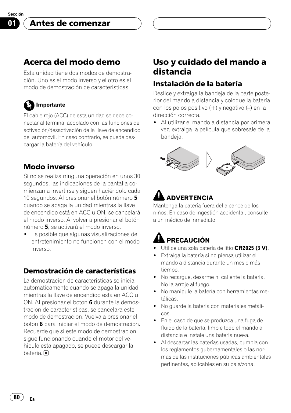 Acerca del modo demo 80, Modo inverso 80, Demostración de características 80 | Uso y cuidado del mando a distancia 80, Instalación de la batería 80, Acerca del modo demo, Uso y cuidado del mando a distancia, Antes de comenzar, Modo inverso, Demostración de características | Pioneer SUPER TUNERIII DEH-P8650MP User Manual | Page 80 / 154