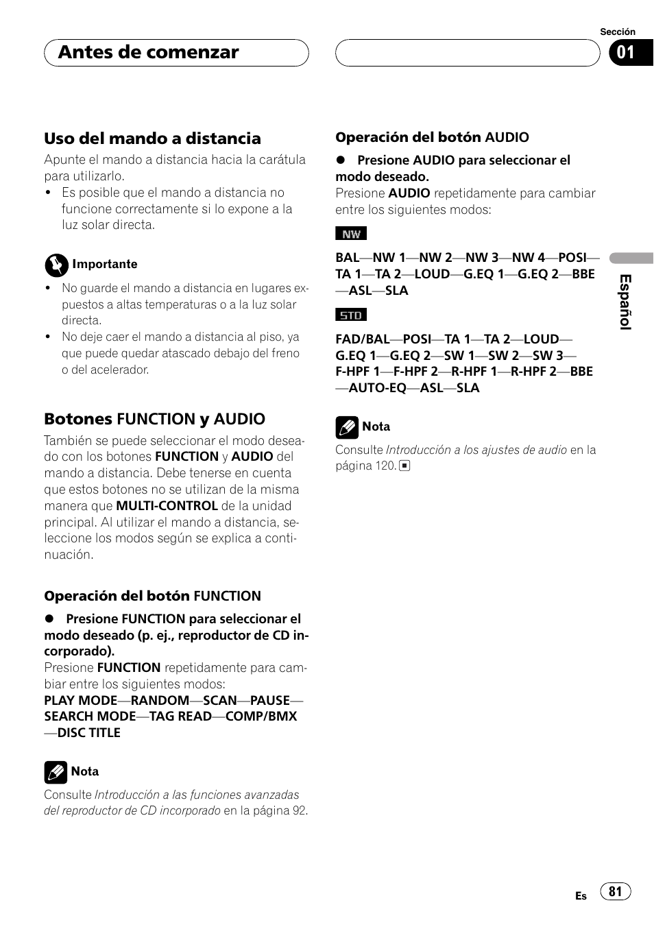 Uso del mando a distancia 81, Botones function y audio 81, Antes de comenzar | Uso del mando a distancia, Botones function y audio | Pioneer SUPER TUNERIII DEH-P8650MP User Manual | Page 81 / 154