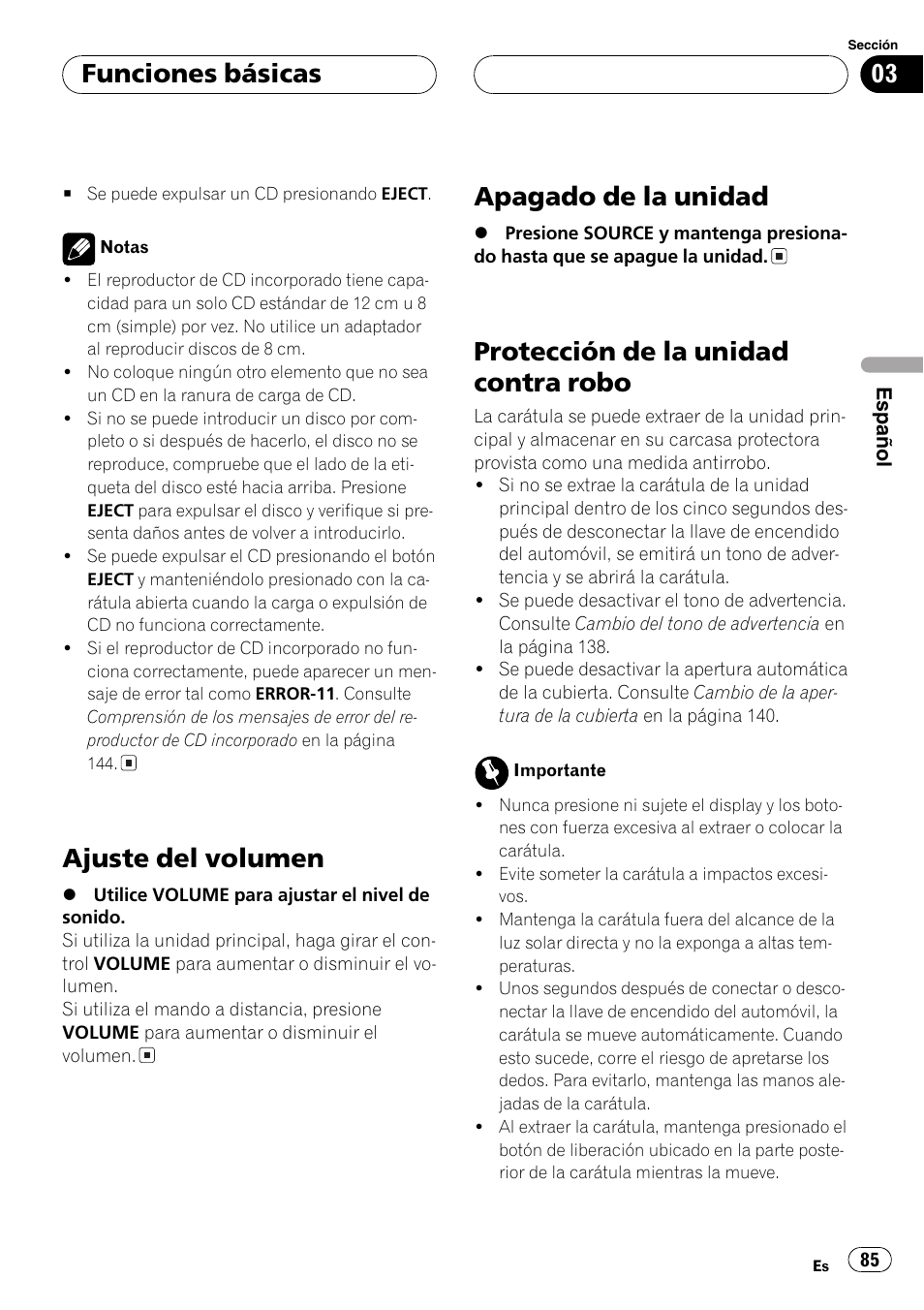 Ajuste del volumen 85, Apagado de la unidad 85, Protección de la unidad contra robo 85 | Ajuste del volumen, Apagado de la unidad, Protección de la unidad contra robo, Funciones básicas | Pioneer SUPER TUNERIII DEH-P8650MP User Manual | Page 85 / 154