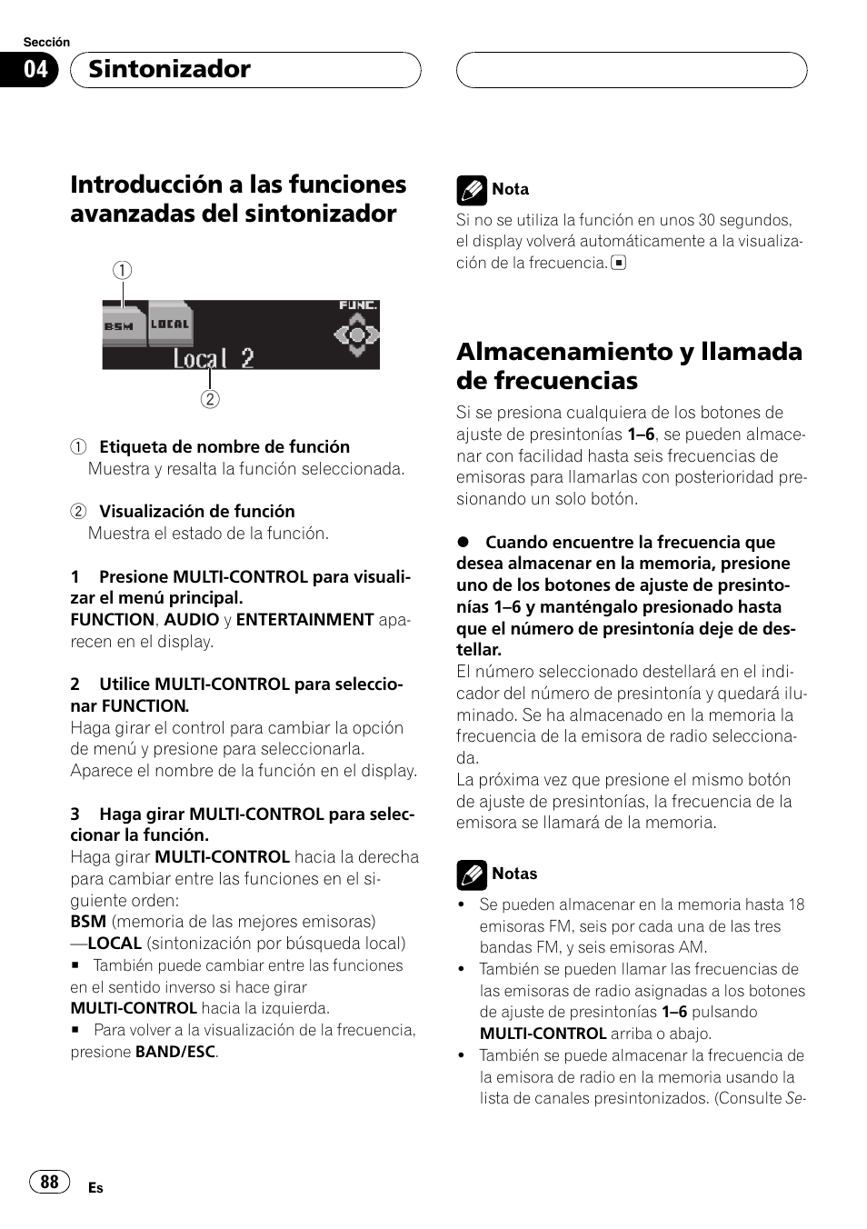 Introducción a las funciones avanzadas del, Sintonizador 88, Almacenamiento y llamada de | Frecuencias 88, Almacenamiento y llamada de frecuencias, Sintonizador | Pioneer SUPER TUNERIII DEH-P8650MP User Manual | Page 88 / 154