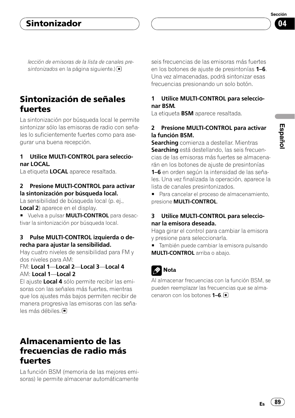 Sintonización de señales fuertes 89, Almacenamiento de las frecuencias de radio, Más fuertes 89 | Sintonización de señales fuertes, Sintonizador | Pioneer SUPER TUNERIII DEH-P8650MP User Manual | Page 89 / 154