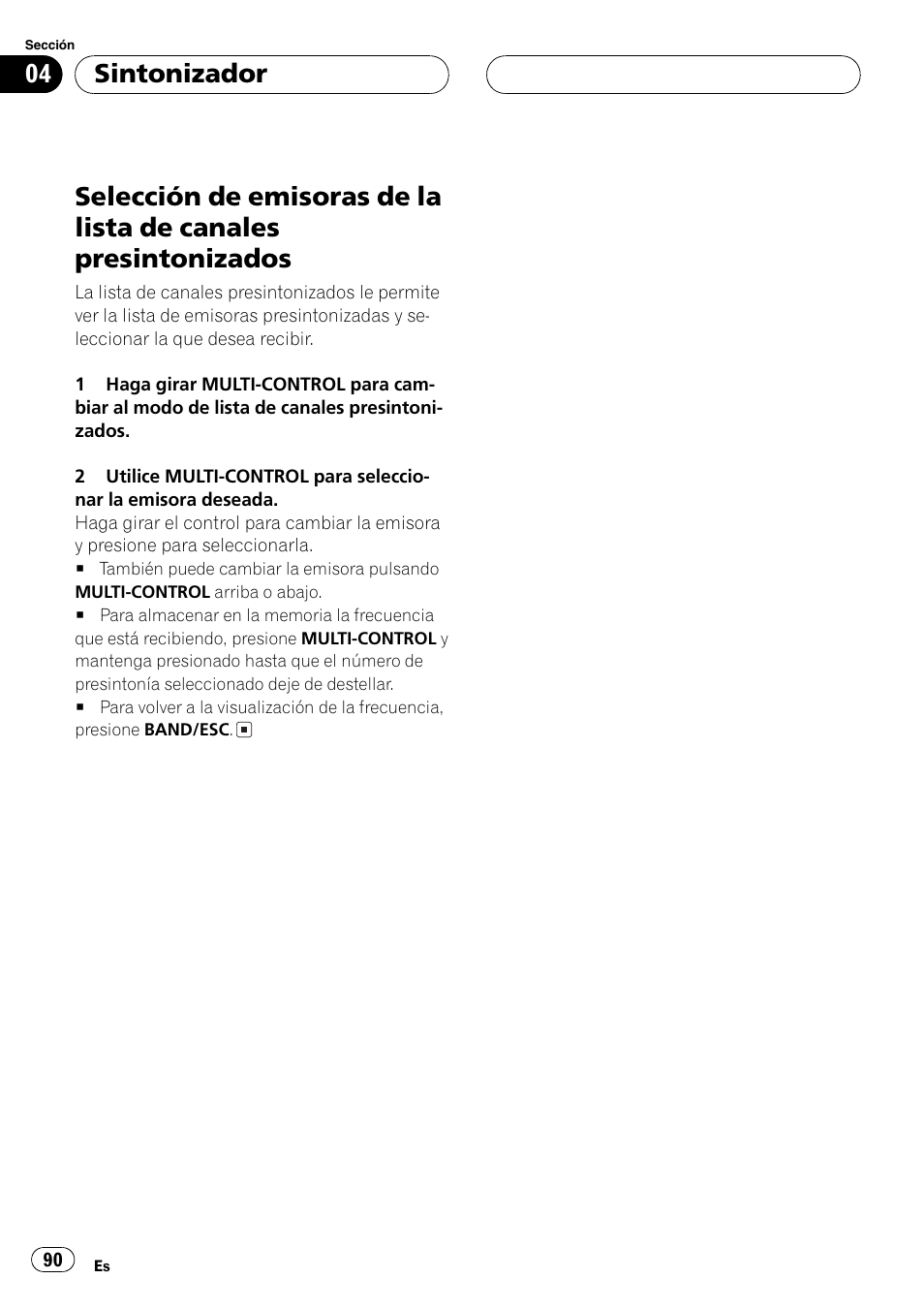 Selección de emisoras de la lista de canales, Presintonizados 90, Sintonizador | Pioneer SUPER TUNERIII DEH-P8650MP User Manual | Page 90 / 154