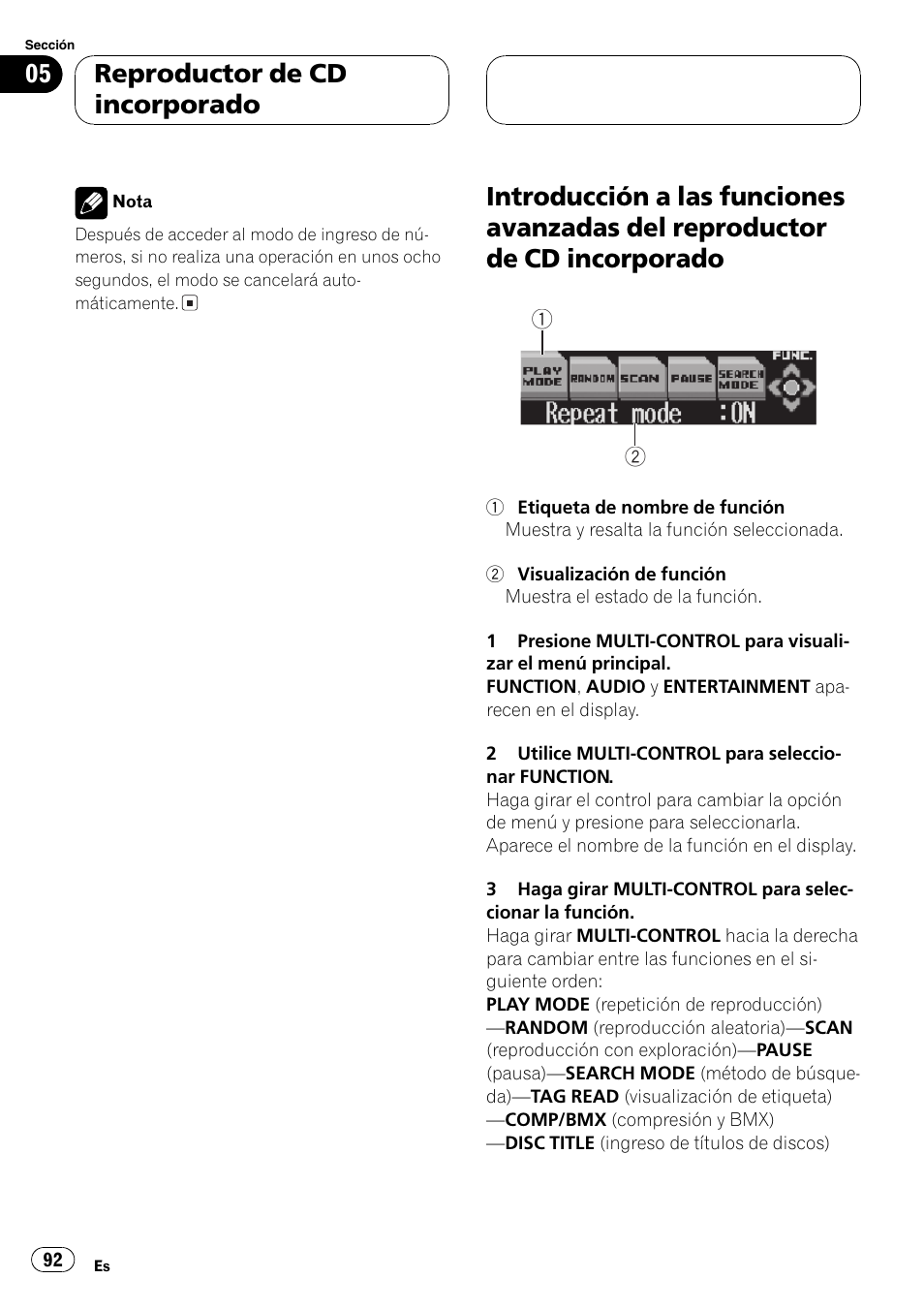 Introducción a las funciones avanzadas del, Reproductor de cd incorporado 92, Guiente | Reproductor de cd incorporado | Pioneer SUPER TUNERIII DEH-P8650MP User Manual | Page 92 / 154