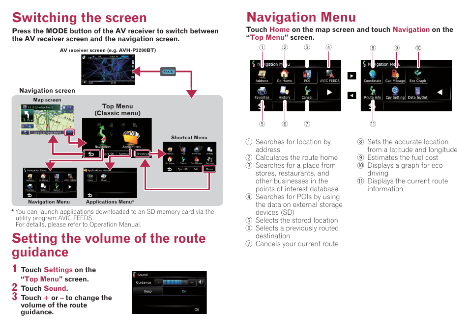 Navigation menu, Switching the screen, Setting the volume of the route guidance | Pioneer AVIC-U220 User Manual | Page 2 / 2