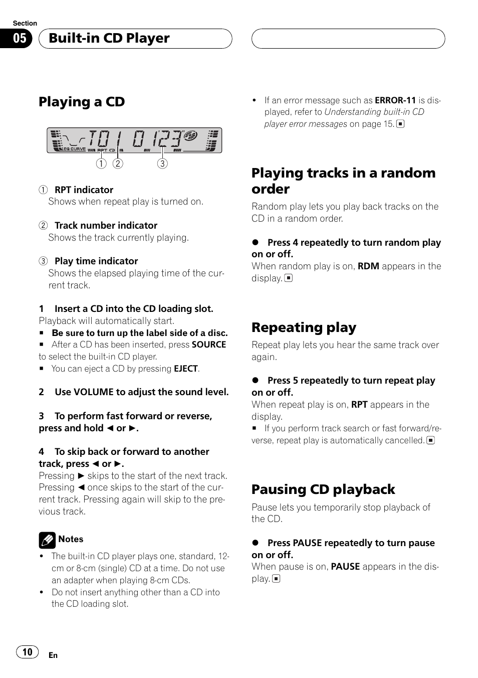Playing a cd, Playing tracks in a random order, Repeating play | Pausing cd playback, Built-in cd player | Pioneer DEH-2700 User Manual | Page 10 / 51