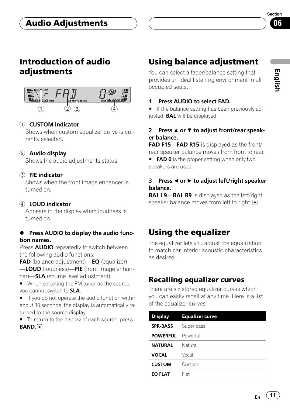 Recalling equalizer curves 11, Introduction of audio adjustments, Using balance adjustment | Using the equalizer, Audio adjustments, Recalling equalizer curves | Pioneer DEH-2700 User Manual | Page 11 / 51