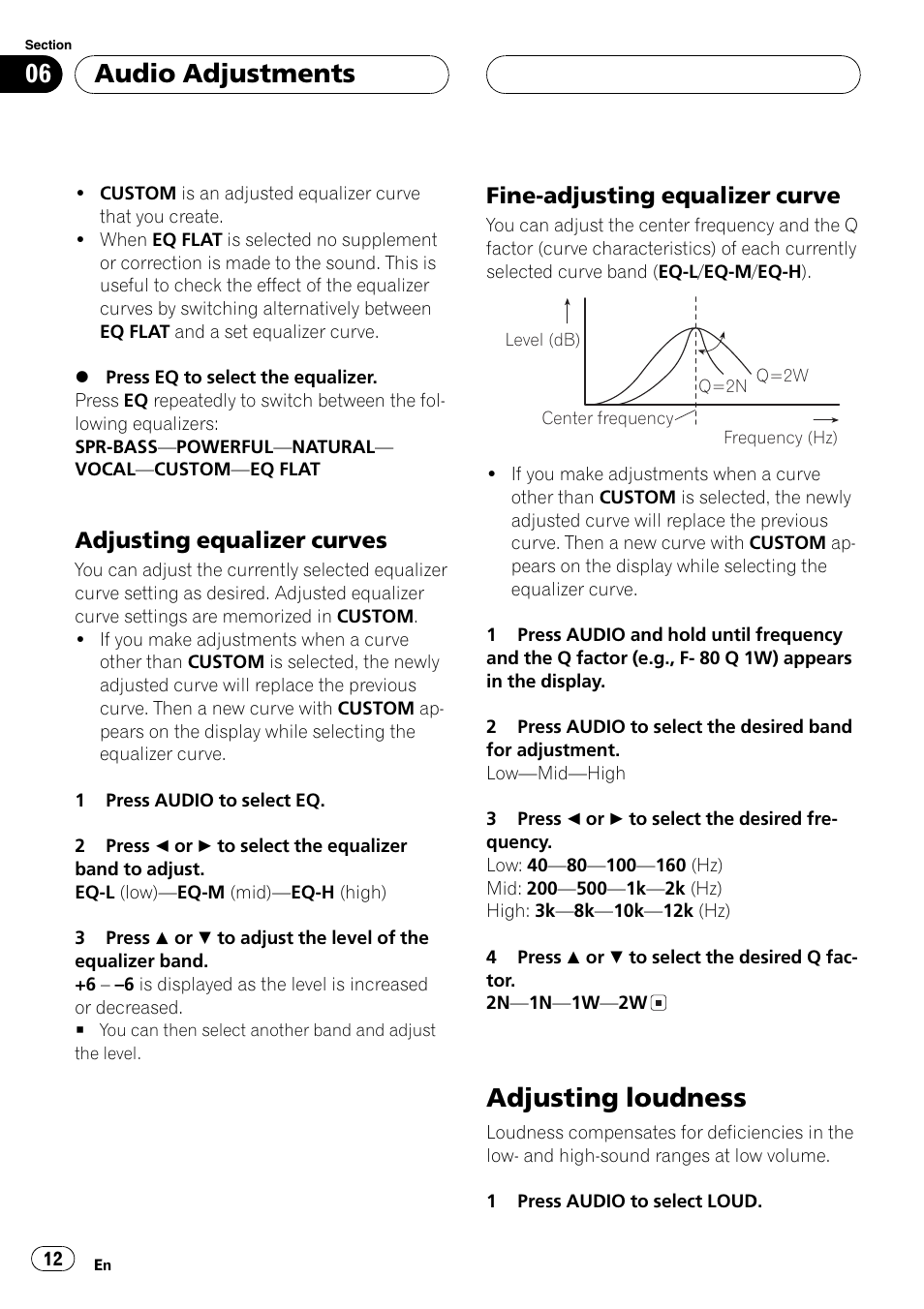 Adjusting equalizer curves 12, Fine-adjusting equalizer curve 12, Adjusting loudness 12 | Adjusting loudness, Audio adjustments, Adjusting equalizer curves, Fine-adjusting equalizer curve | Pioneer DEH-2700 User Manual | Page 12 / 51