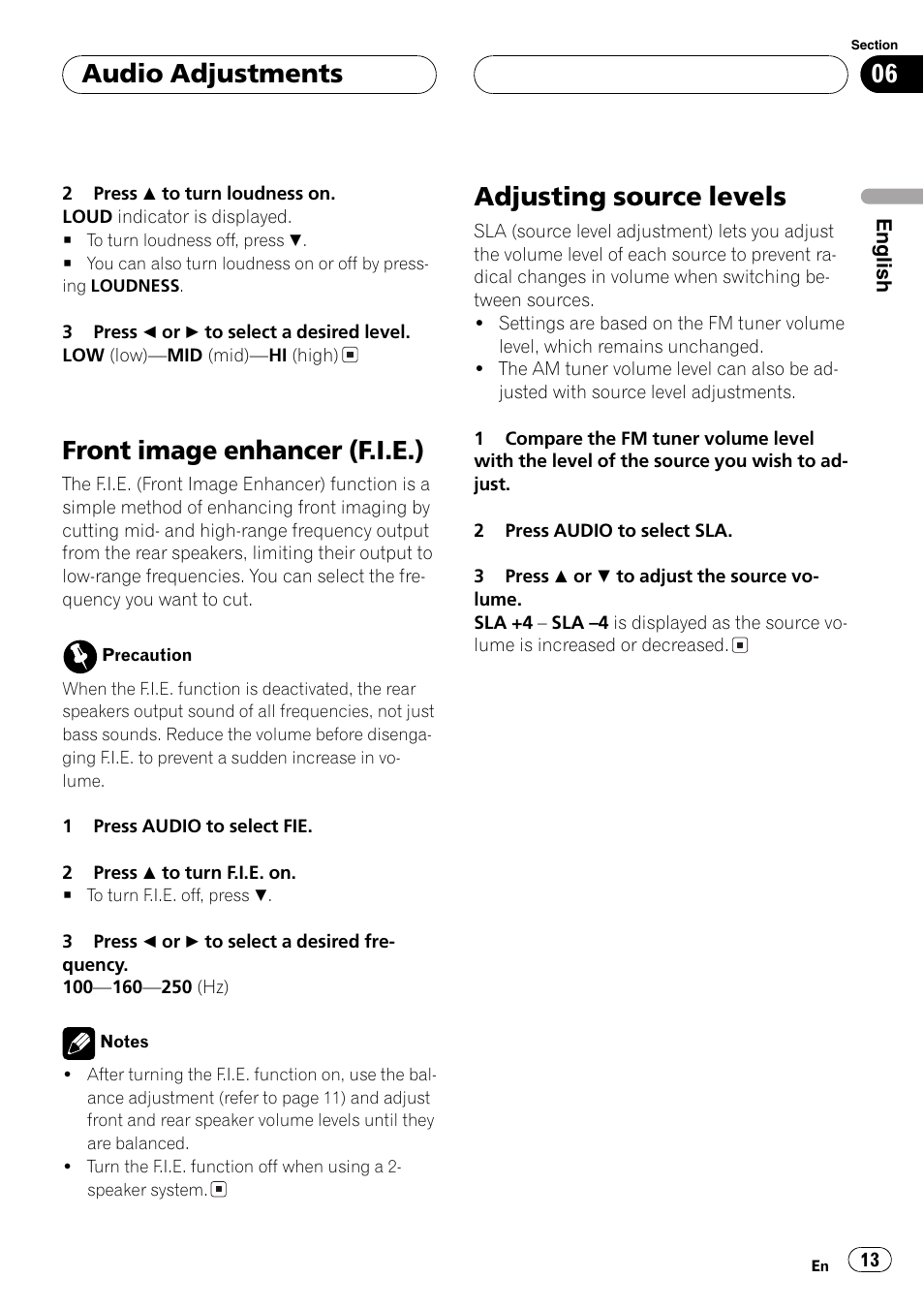 Front image enhancer (f.i.e.), Adjusting source levels, Audio adjustments | Pioneer DEH-2700 User Manual | Page 13 / 51