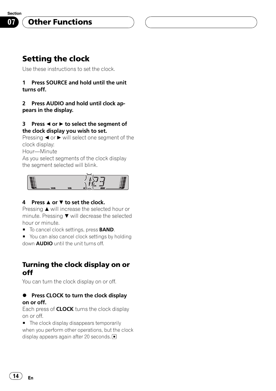 Other functions setting the clock 14, Turning the clock display on or off 14, Setting the clock | Other functions | Pioneer DEH-2700 User Manual | Page 14 / 51