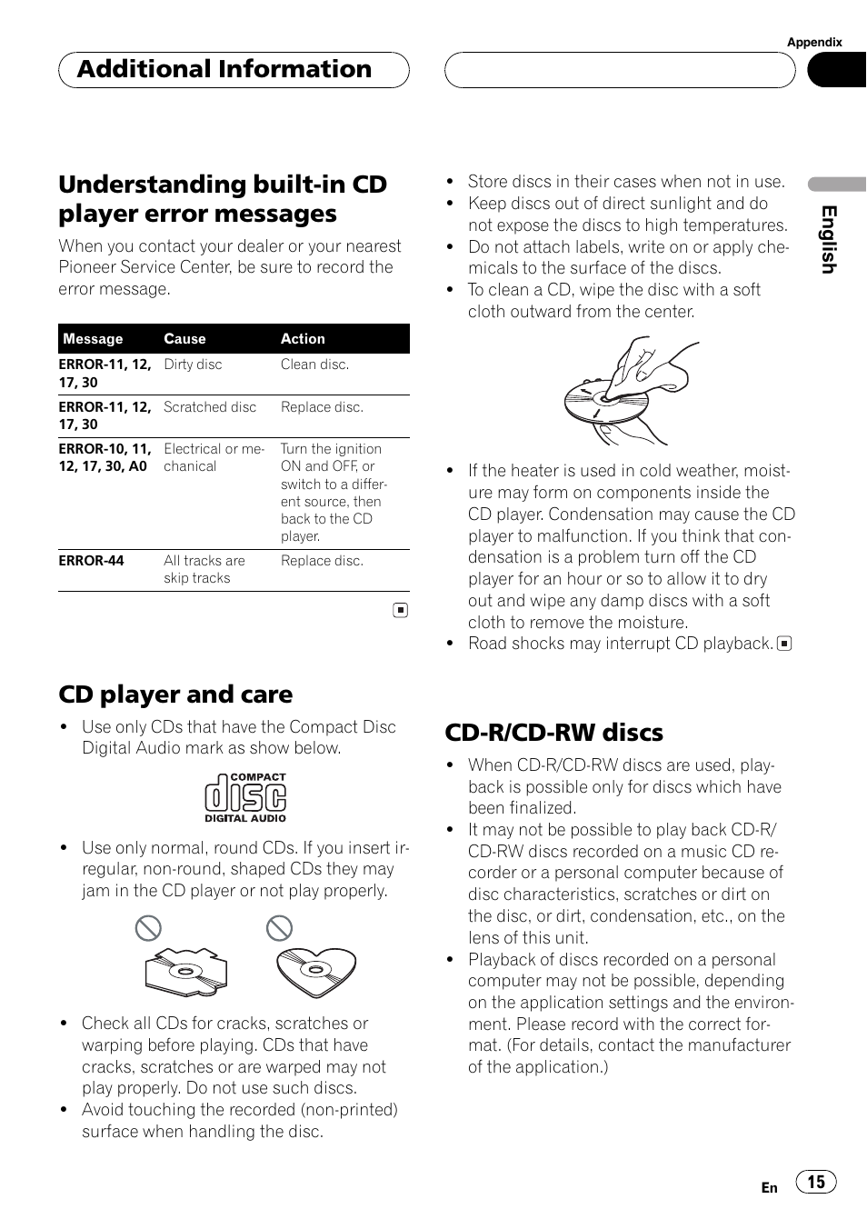 Messages 15, Cd player and care 15 cd-r/cd-rw discs 15, Understanding built-in cd player error messages | Cd player and care, Cd-r/cd-rw discs, Additional information | Pioneer DEH-2700 User Manual | Page 15 / 51