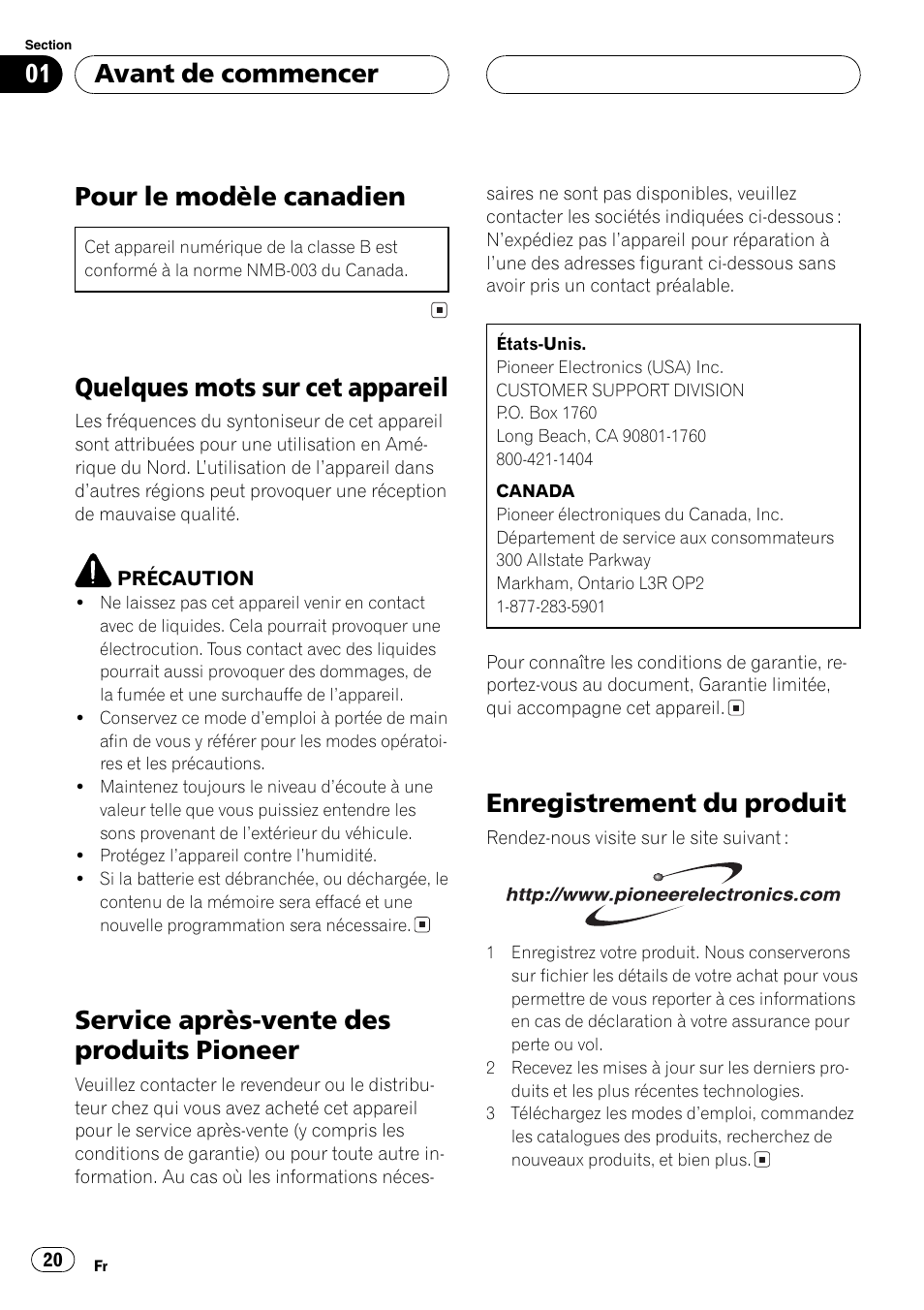 Pour le modèle canadien, Quelques mots sur cet appareil, Service après-vente des produits pioneer | Enregistrement du produit, Avant de commencer | Pioneer DEH-2700 User Manual | Page 20 / 51