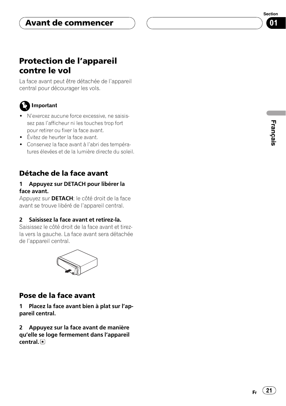 Protection de lappareil contre le vol 21, Détache de la face avant 21, Pose de la face avant 21 | Protection de lappareil contre le vol, Avant de commencer | Pioneer DEH-2700 User Manual | Page 21 / 51
