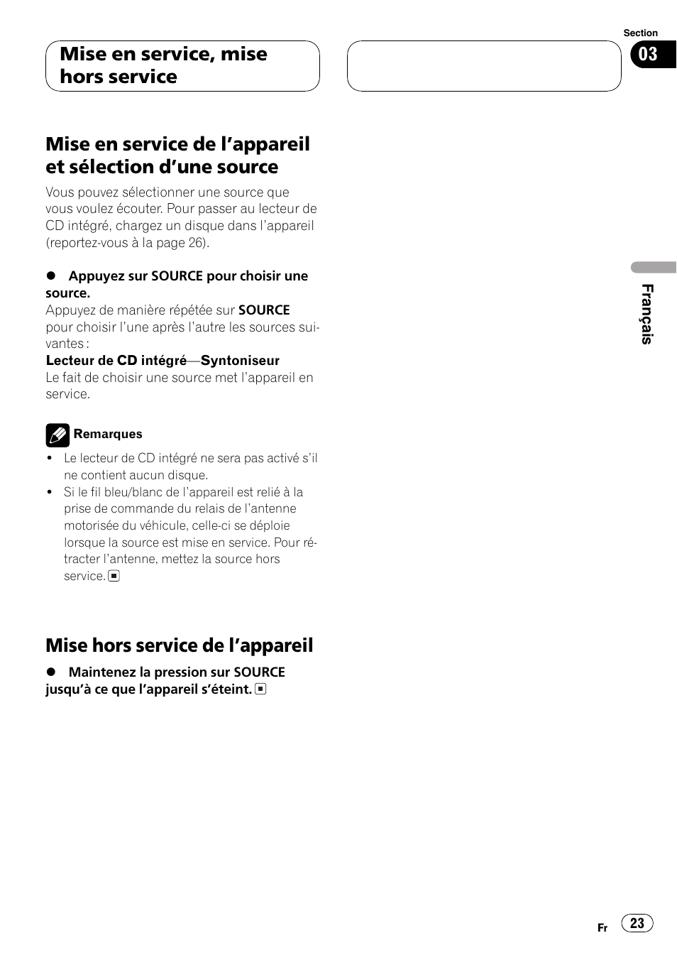 Dune source 23, Mise hors service de lappareil 23, Mise hors service de lappareil | Mise en service, mise hors service | Pioneer DEH-2700 User Manual | Page 23 / 51