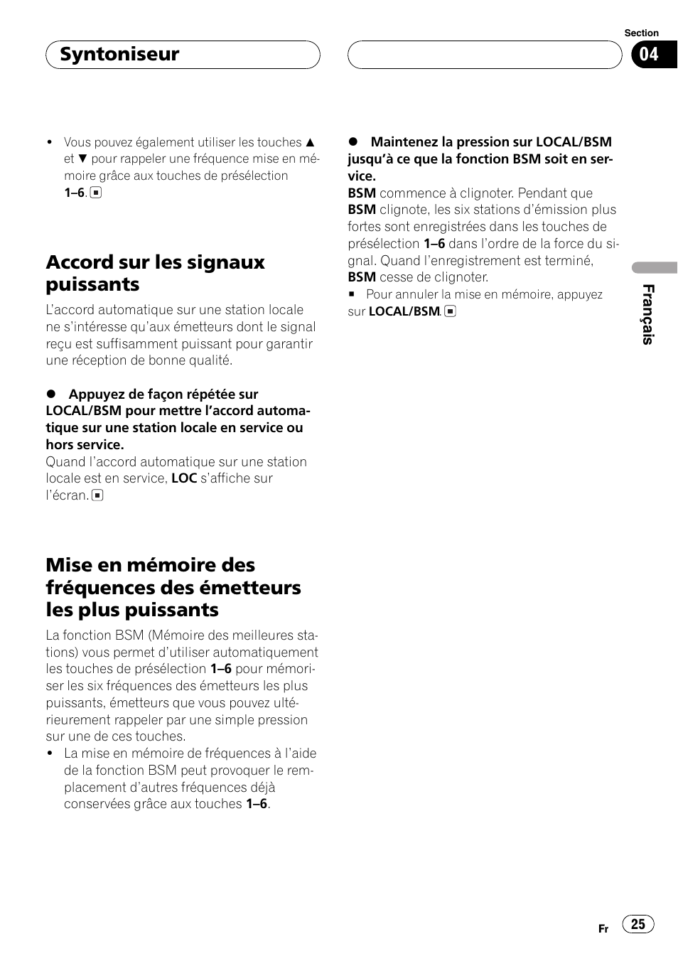 Émetteurs les plus puissants 25, Accord sur les signaux puissants, Syntoniseur | Pioneer DEH-2700 User Manual | Page 25 / 51