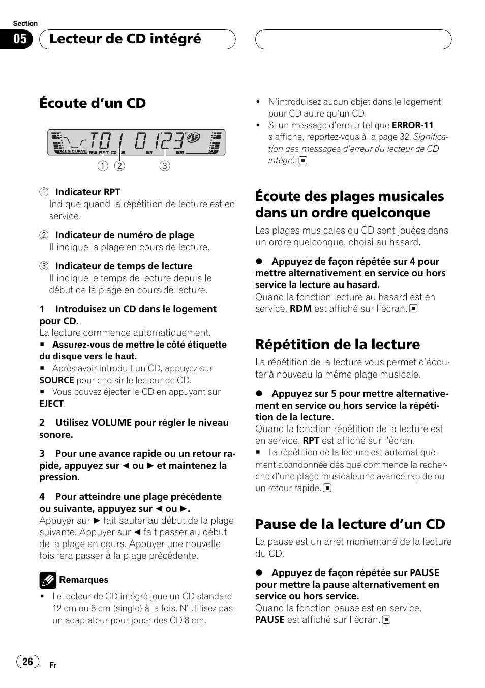 Quelconque 26, Écoute dun cd, Répétition de la lecture | Pause de la lecture dun cd, Lecteur de cd intégré | Pioneer DEH-2700 User Manual | Page 26 / 51