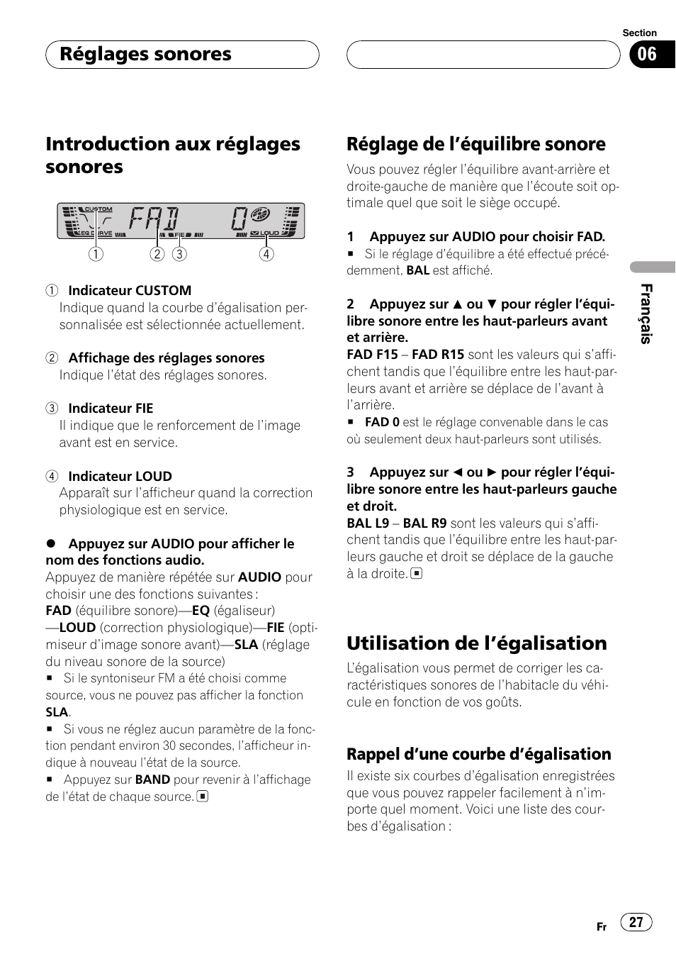 Rappel dune courbe, Dégalisation 27, Introduction aux réglages sonores | Réglage de léquilibre sonore, Utilisation de légalisation, Réglages sonores | Pioneer DEH-2700 User Manual | Page 27 / 51