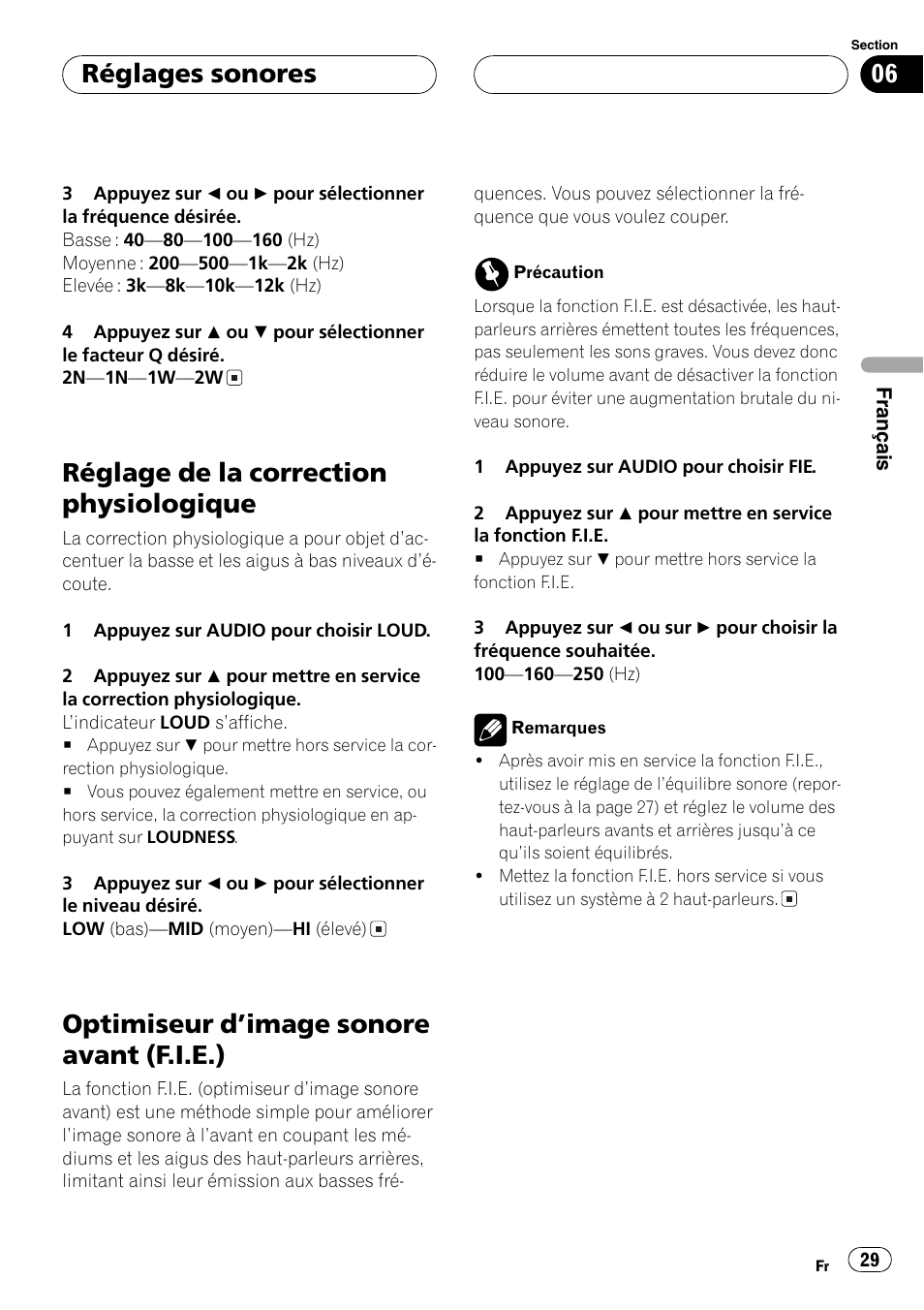 Réglage de la correction physiologique, Optimiseur dimage sonore avant (f.i.e.), Réglages sonores | Pioneer DEH-2700 User Manual | Page 29 / 51