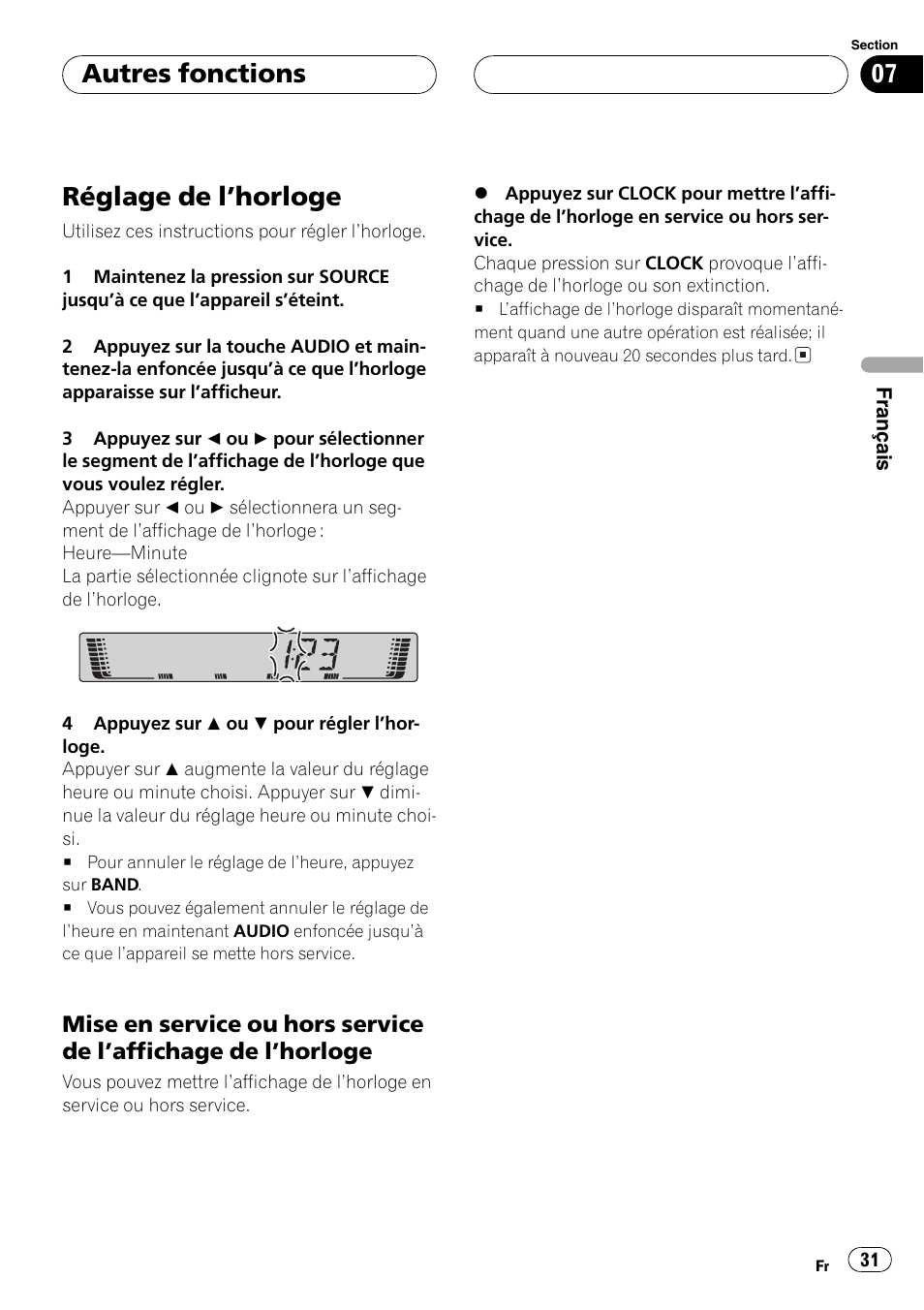 Autres fonctions réglage de lhorloge 31, Mise en service ou hors service de, Laffichage de lhorloge 31 | Réglage de lhorloge, Autres fonctions | Pioneer DEH-2700 User Manual | Page 31 / 51