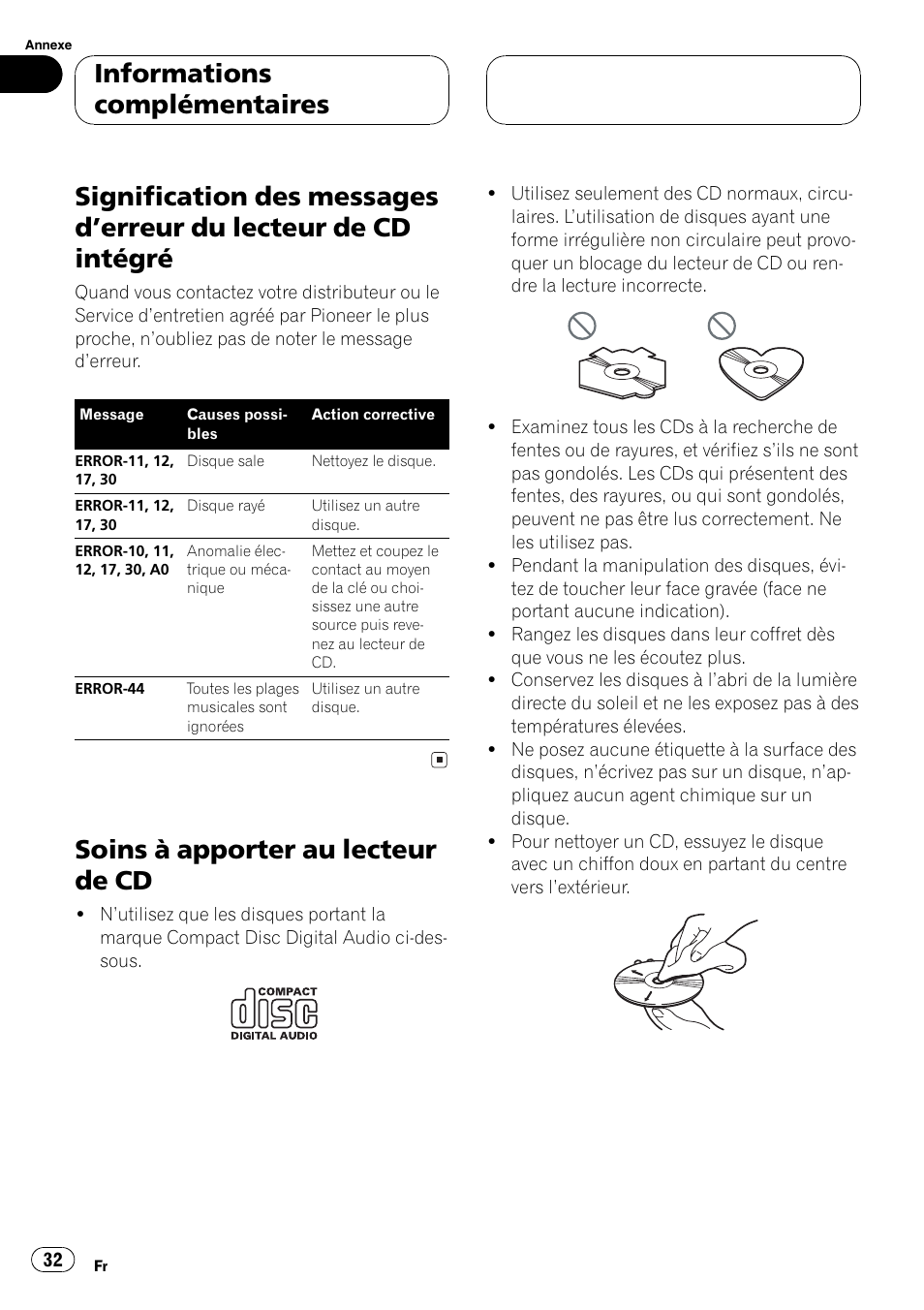 Lecteur de cd intégré 32, Soins à apporter au lecteur de cd 32, Soins à apporter au lecteur de cd | Informations complémentaires | Pioneer DEH-2700 User Manual | Page 32 / 51