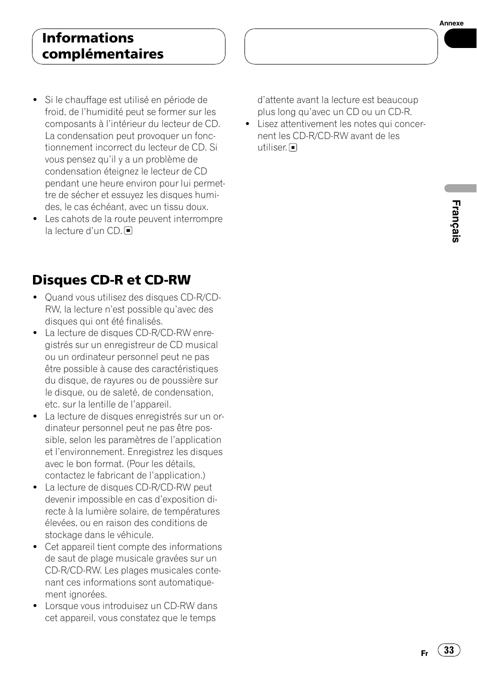Disques cd-r et cd-rw 33, Disques cd-r et cd-rw, Informations complémentaires | Pioneer DEH-2700 User Manual | Page 33 / 51