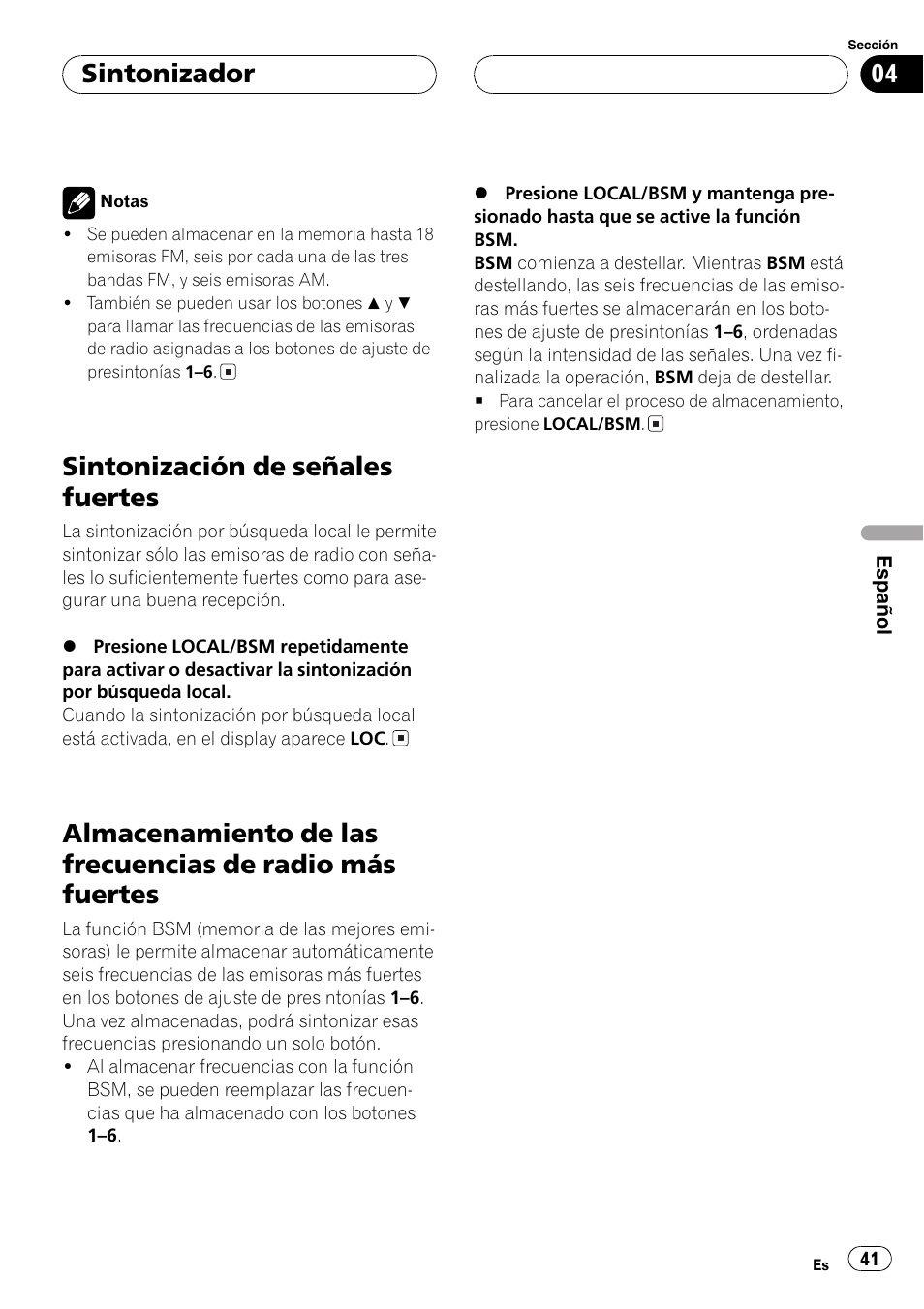 Sintonización de señales fuertes 41, Almacenamiento de las frecuencias de radio, Más fuertes 41 | Sintonización de señales fuertes, Sintonizador | Pioneer DEH-2700 User Manual | Page 41 / 51