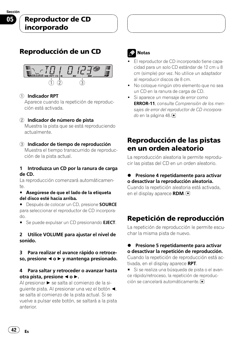 Reproductor de cdincorporado, Reproducción de un cd 42, Reproducción de las pistas en un orden | Aleatorio 42, Repetición de reproducción 42, Reproducción de un cd, Reproducción de las pistas en un orden aleatorio, Repetición de reproducción, Reproductor de cd incorporado | Pioneer DEH-2700 User Manual | Page 42 / 51