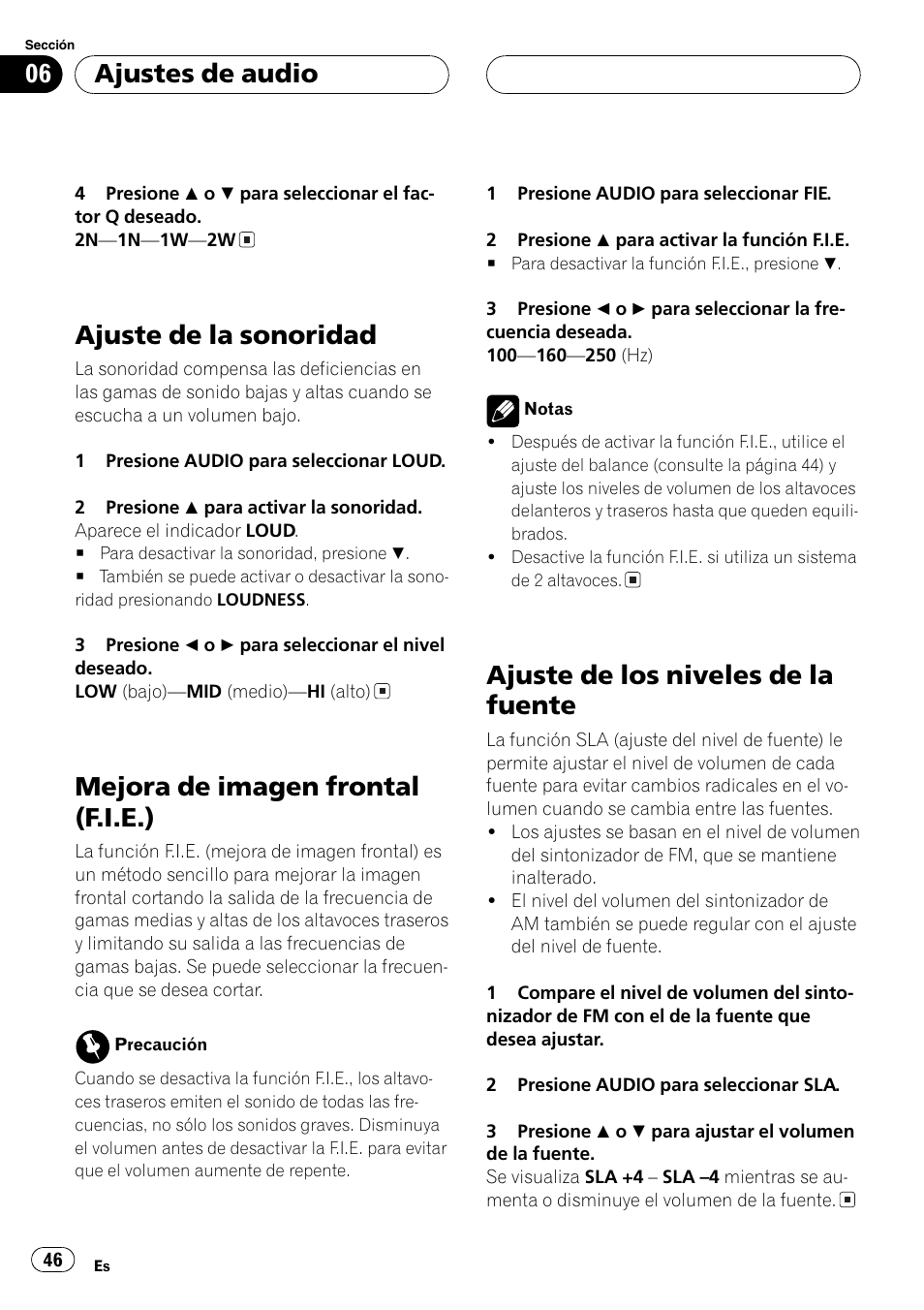 Ajuste de la sonoridad 46, Mejora de imagen frontal (f.i.e.) 46, Ajuste de los niveles de la fuente 46 | Ajuste de la sonoridad, Mejora de imagen frontal (f.i.e.), Ajuste de los niveles de la fuente, Ajustes de audio | Pioneer DEH-2700 User Manual | Page 46 / 51
