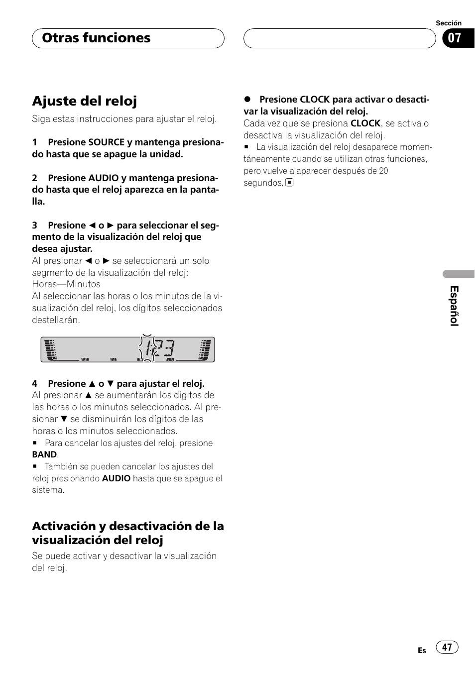 Otras funciones, Ajuste del reloj 47, Activación y desactivación de la | Visualización del reloj 47, Ajuste del reloj | Pioneer DEH-2700 User Manual | Page 47 / 51