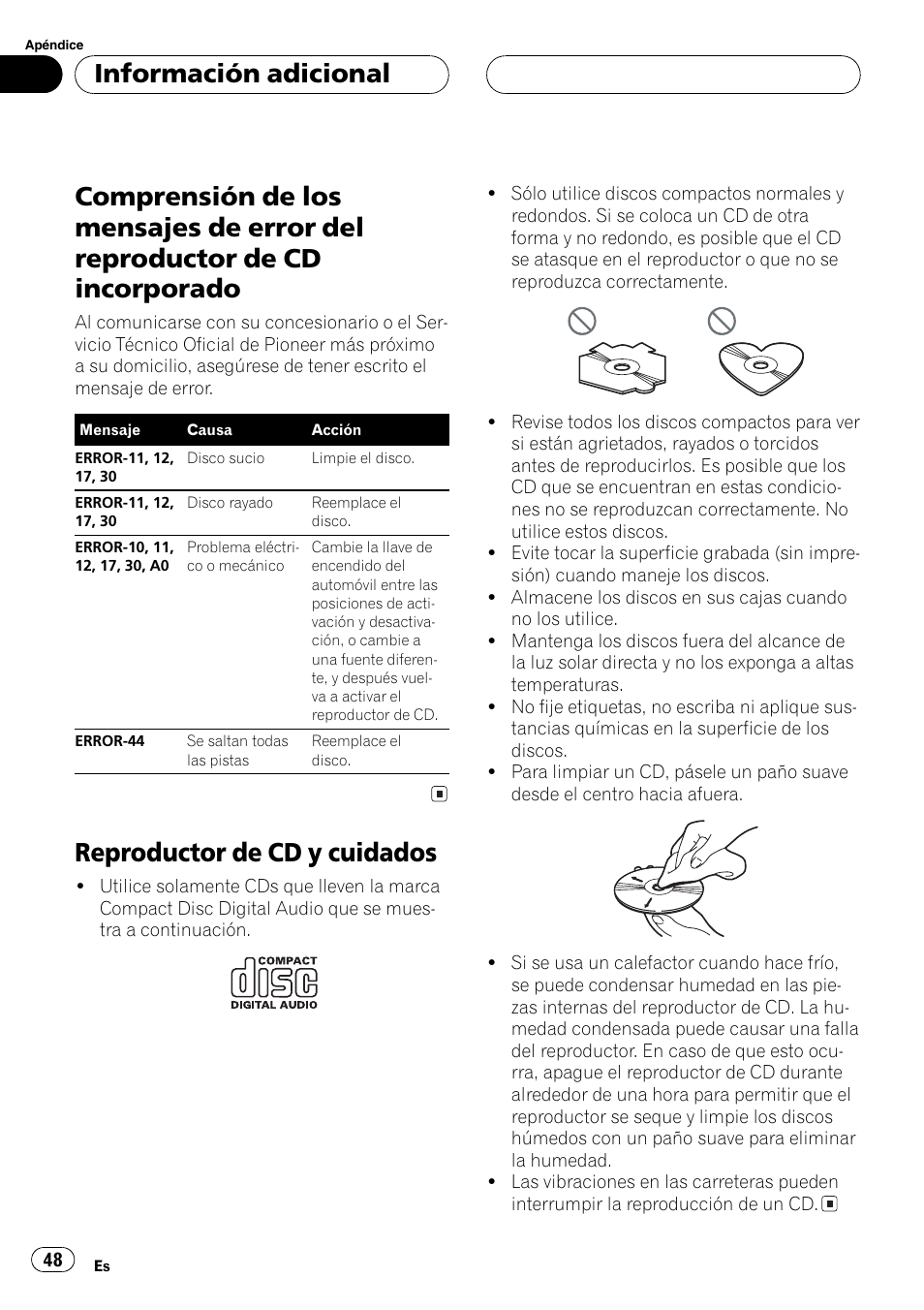 Información adicional, Comprensión de los mensajes de error del, Reproductor de cd incorporado 48 | Reproductor de cd y cuidados 48, Reproductor de cd y cuidados | Pioneer DEH-2700 User Manual | Page 48 / 51