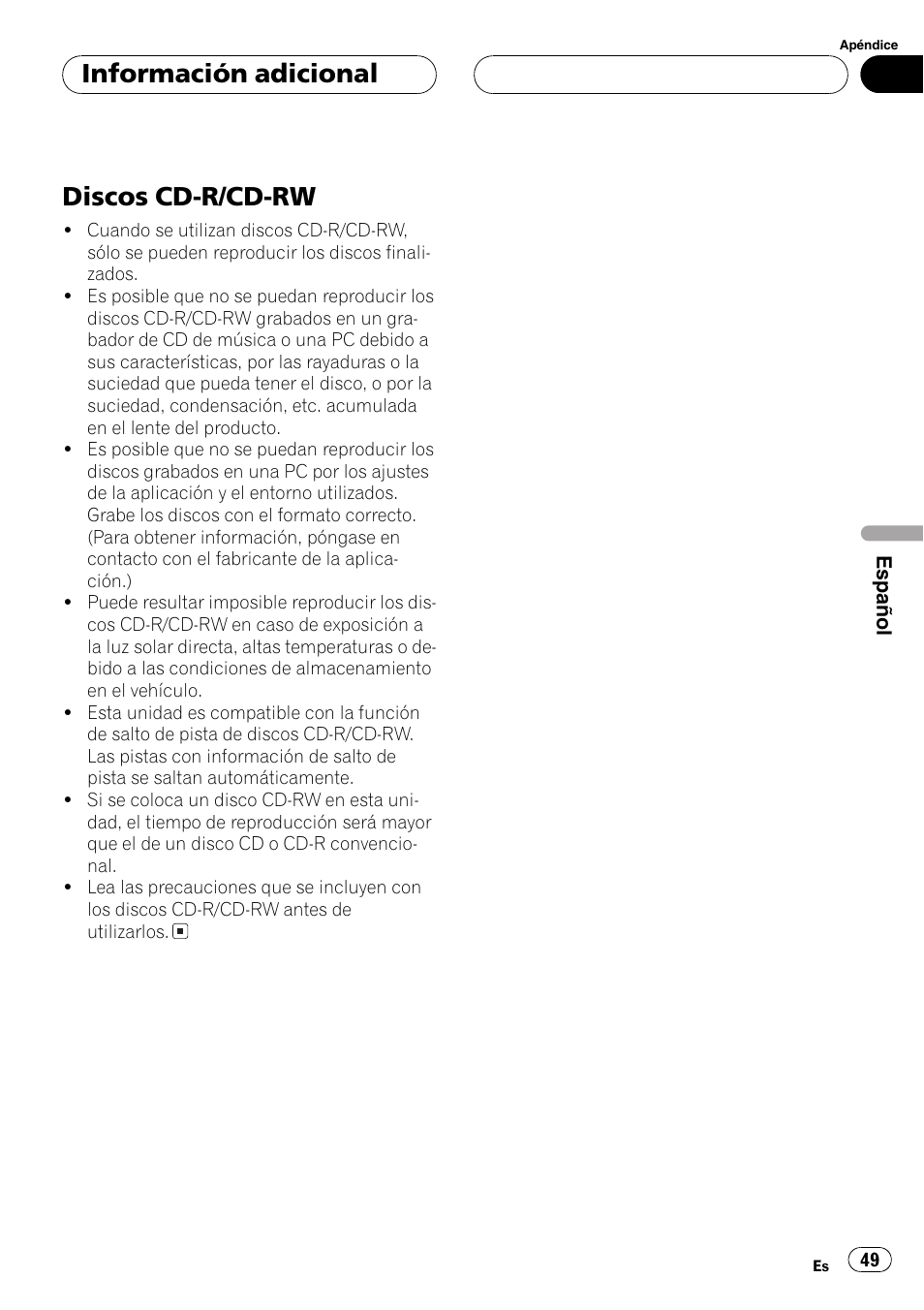 Discos cd-r/cd-rw 49, Discos cd-r/cd-rw, Información adicional | Pioneer DEH-2700 User Manual | Page 49 / 51