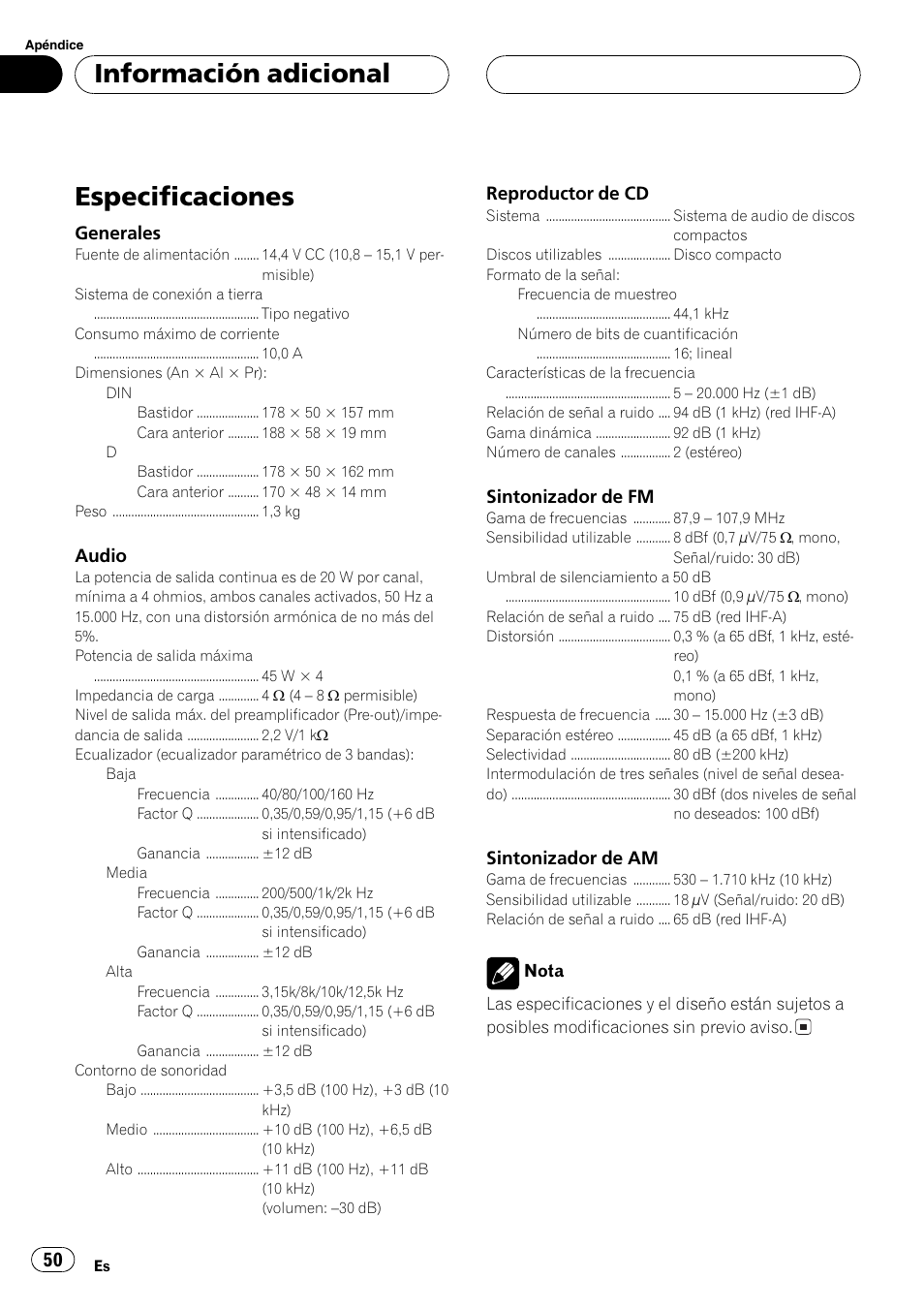 Especificaciones 50, Especificaciones, Información adicional | Pioneer DEH-2700 User Manual | Page 50 / 51