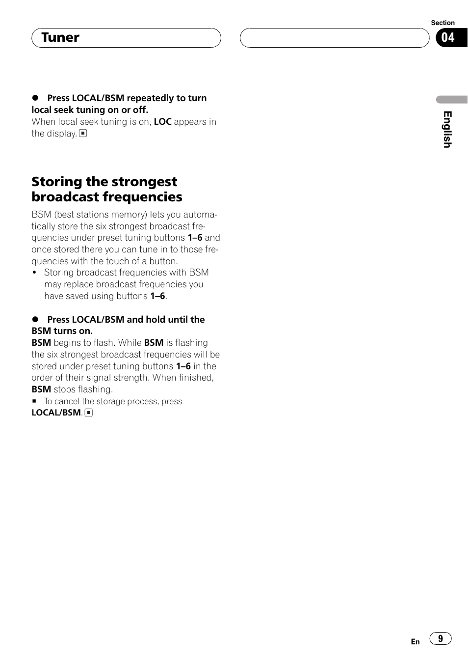 Storing the strongest broadcast, Frequencies 9, Storing the strongest broadcast frequencies | Tuner | Pioneer DEH-2700 User Manual | Page 9 / 51