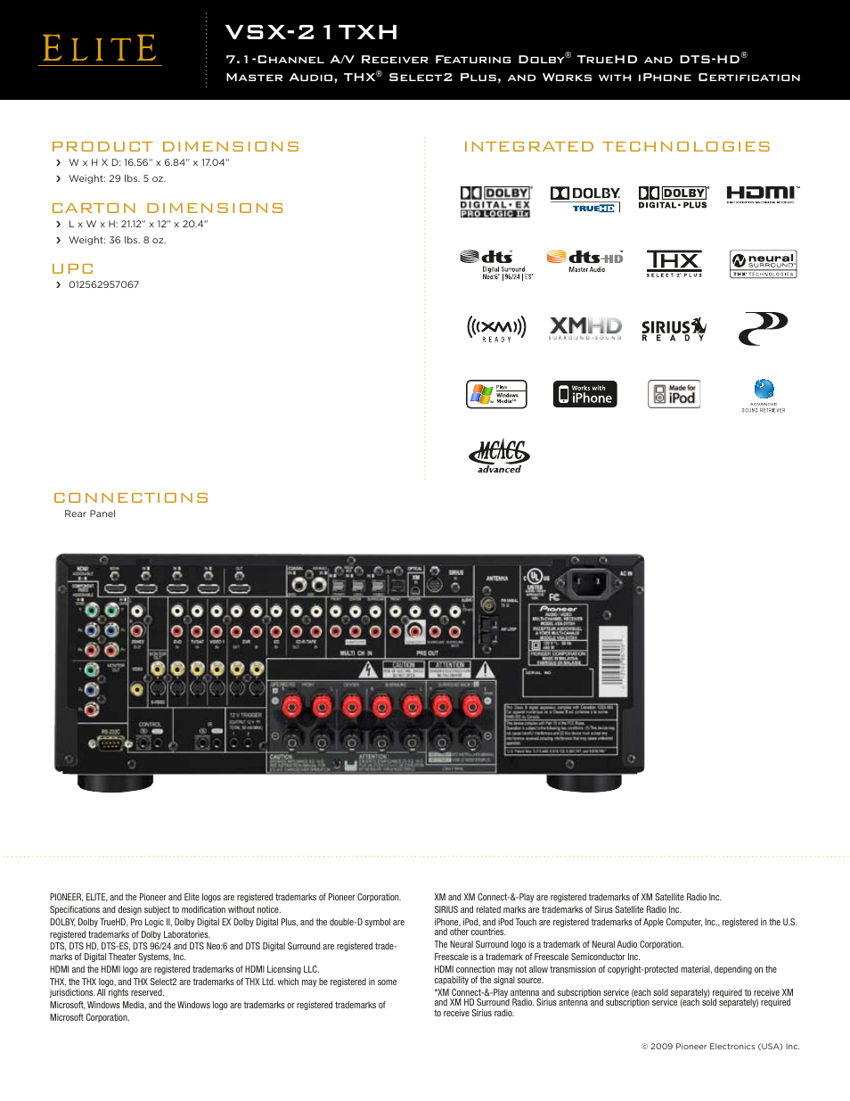 Vsx-21txh, Connections, Product dimensions | Carton dimensions, Integrated technologies, Channel a/v receiver featuring dolby, Truehd and dts-hd, Master audio, thx, Select2 plus, and works with iphone certification | Pioneer Elite VSX-21TXH User Manual | Page 2 / 2