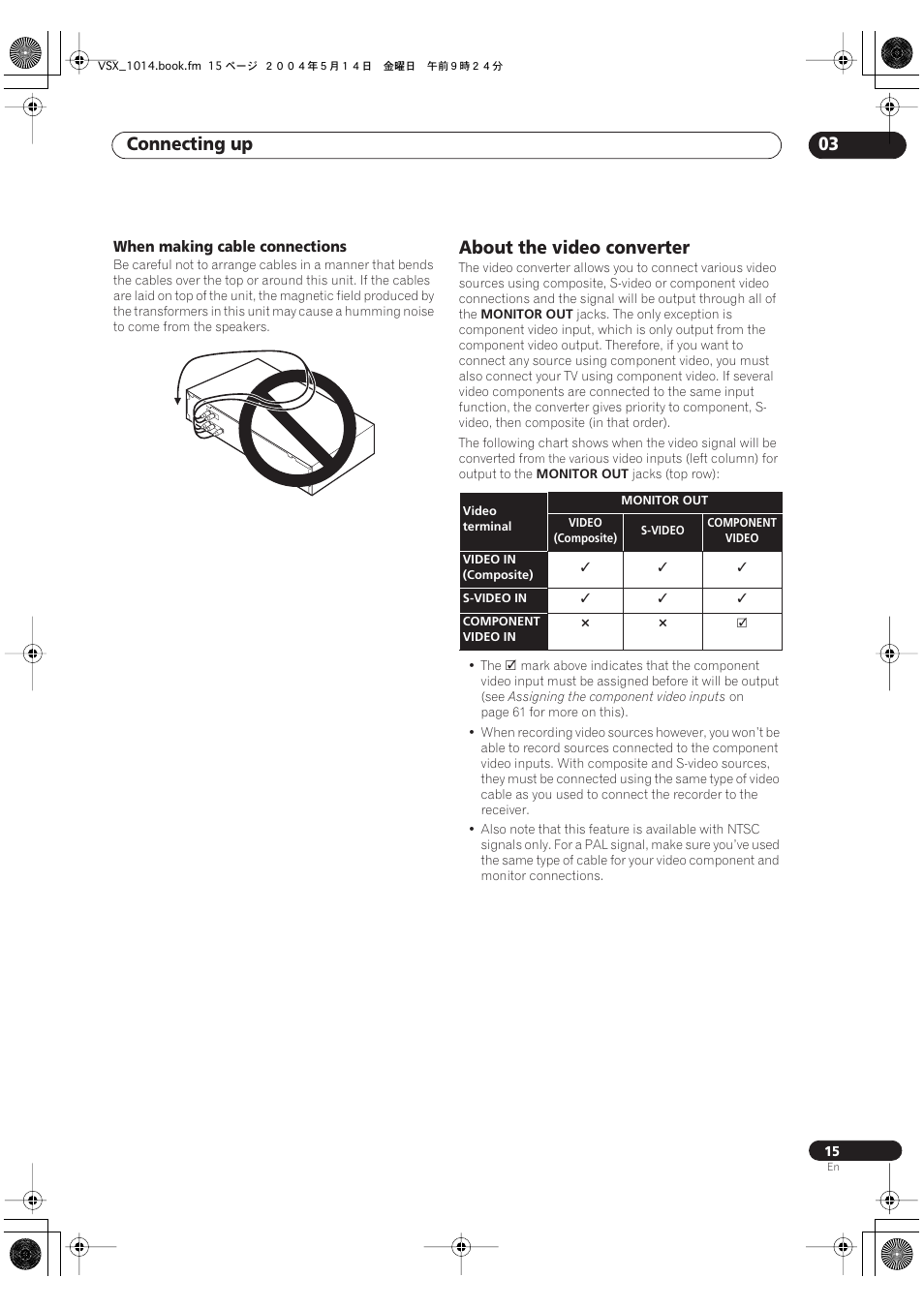 When making cable connections, About the video converter, Connecting up 03 | Pioneer VSX-1014TX User Manual | Page 15 / 75