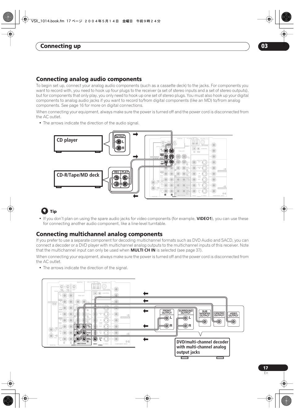 Connecting up 03, Connecting analog audio components, Connecting multichannel analog components | Cd player cd-r/tape/md deck, Video1, Multi ch in | Pioneer VSX-1014TX User Manual | Page 17 / 75