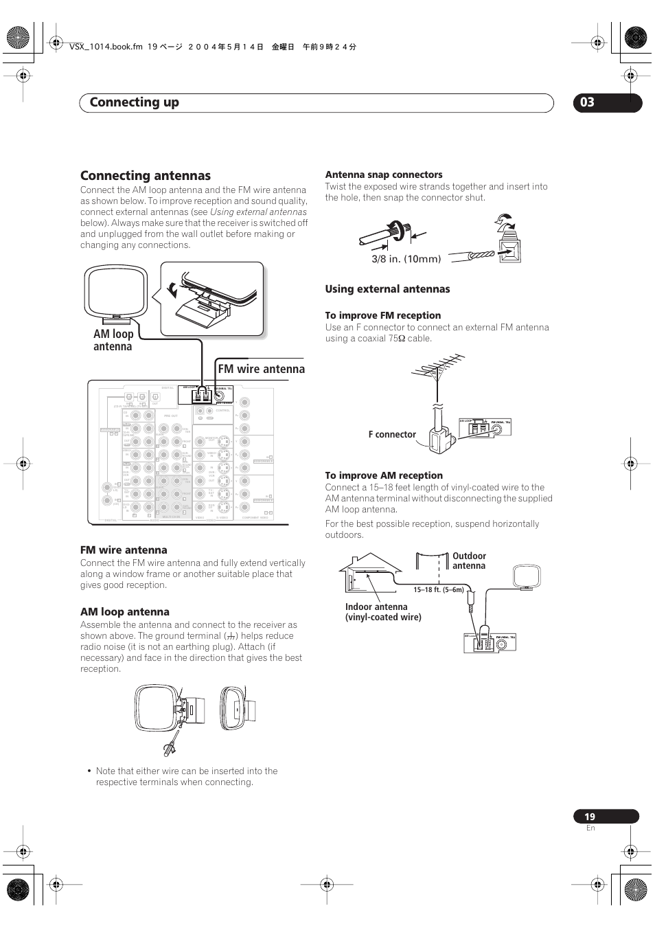 Connecting antennas, Connecting up 03, Am loop antenna fm wire antenna | Fm wire antenna, Am loop antenna, Antenna snap connectors, 3/8 in. (10mm), F connector, Outdoor antenna indoor antenna (vinyl-coated wire), Using external antennas | Pioneer VSX-1014TX User Manual | Page 19 / 75