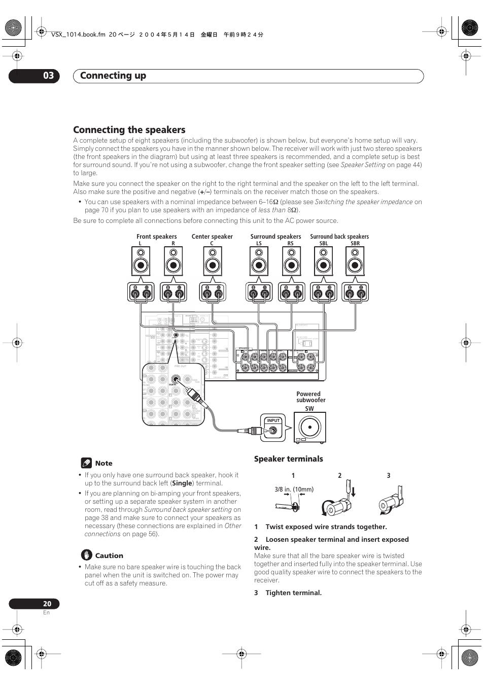 Connecting the speakers, Speaker terminals, Connecting up 03 | Single), Speaker setting, Please see, Switching the speaker impedance, Less than, Single, Surround back speaker setting | Pioneer VSX-1014TX User Manual | Page 20 / 75