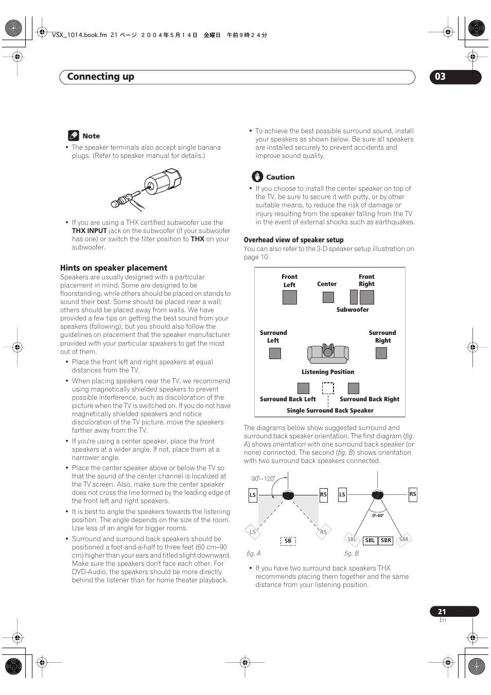 Hints on speaker placement, Connecting up 03 | Pioneer VSX-1014TX User Manual | Page 21 / 75