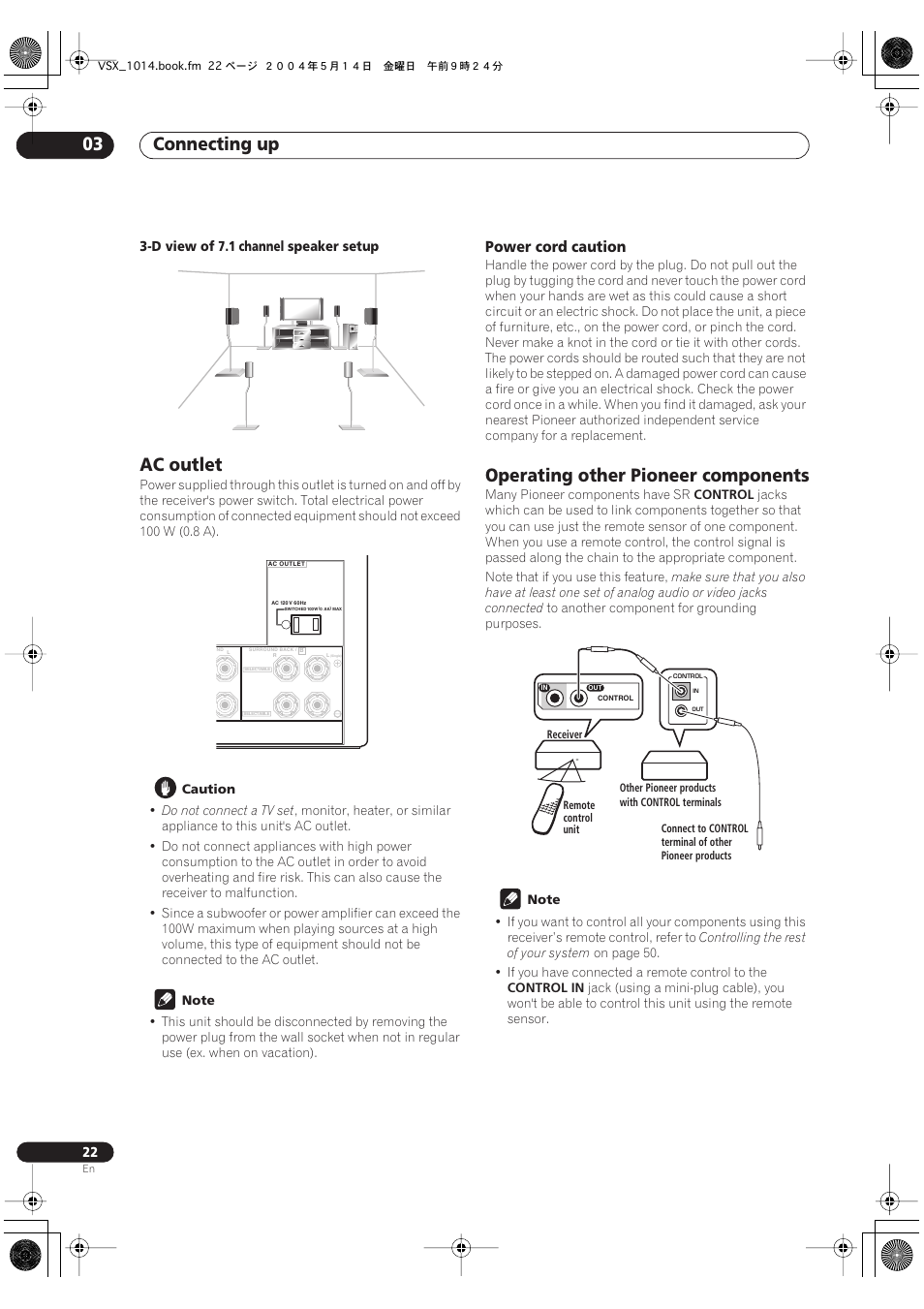 Ac outlet, Power cord caution, Operating other pioneer components | Connecting up 03 | Pioneer VSX-1014TX User Manual | Page 22 / 75