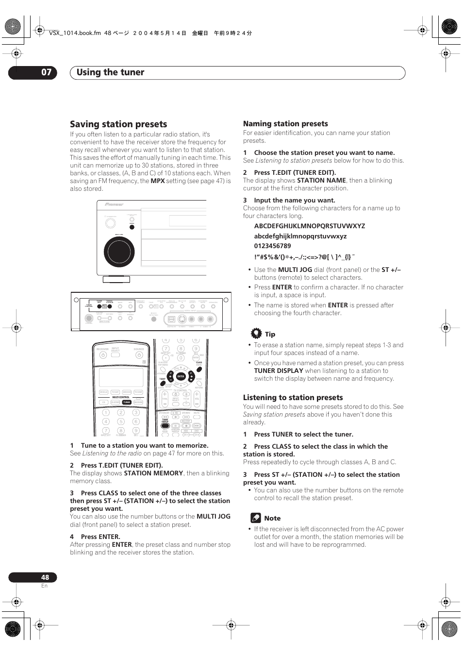 Saving station presets, Using the tuner 07, Naming station presets | Listening to station presets | Pioneer VSX-1014TX User Manual | Page 48 / 75