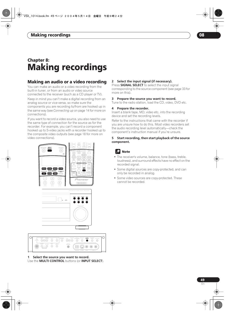 08 making recordings, Making an audio or a video recording, Making recordings | Making recordings 08, Chapter 8, Connecting up, 1select the source you want to record, Use the, Multi control, Buttons (or | Pioneer VSX-1014TX User Manual | Page 49 / 75