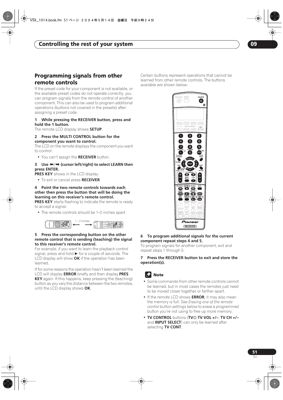 Programming signals from other remote controls, Controlling the rest of your system 09 | Pioneer VSX-1014TX User Manual | Page 51 / 75