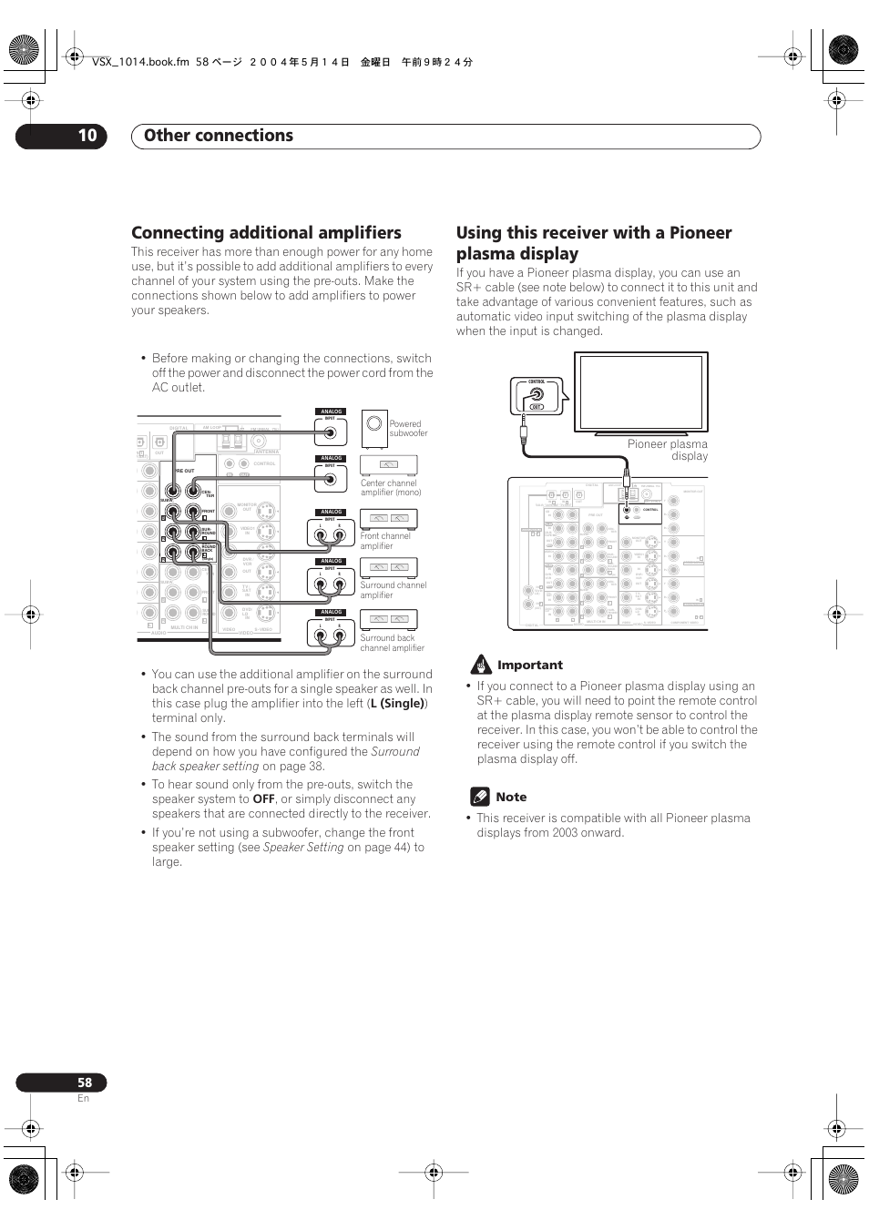 Other connections 10, Connecting additional amplifiers, Using this receiver with a pioneer plasma display | L (single), Surround back speaker setting, Speaker setting, On page 44) to large, Important, Pioneer plasma display | Pioneer VSX-1014TX User Manual | Page 58 / 75